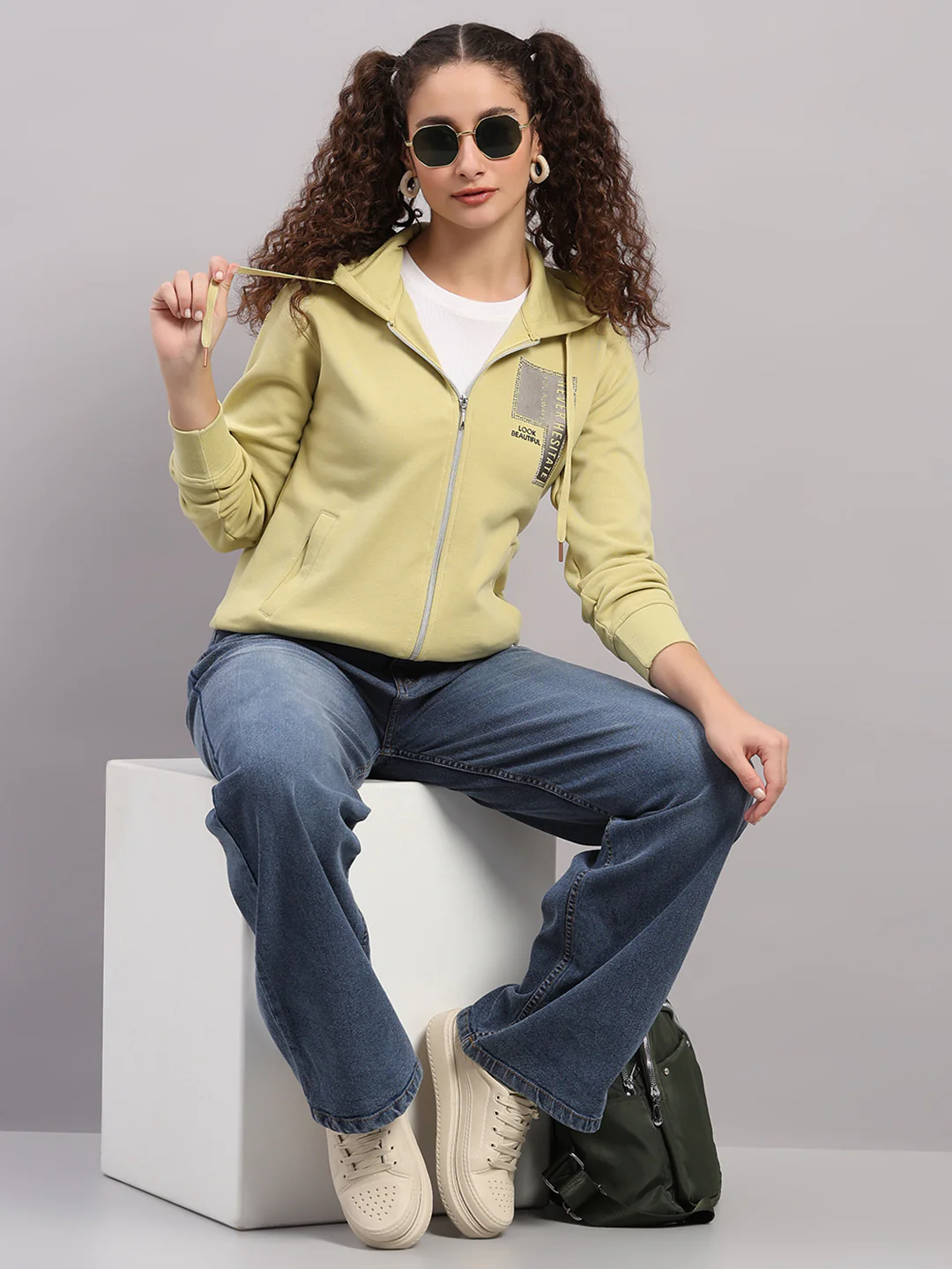 Women Green Printed Hooded Full Sleeve Sweatshirt - Image 2