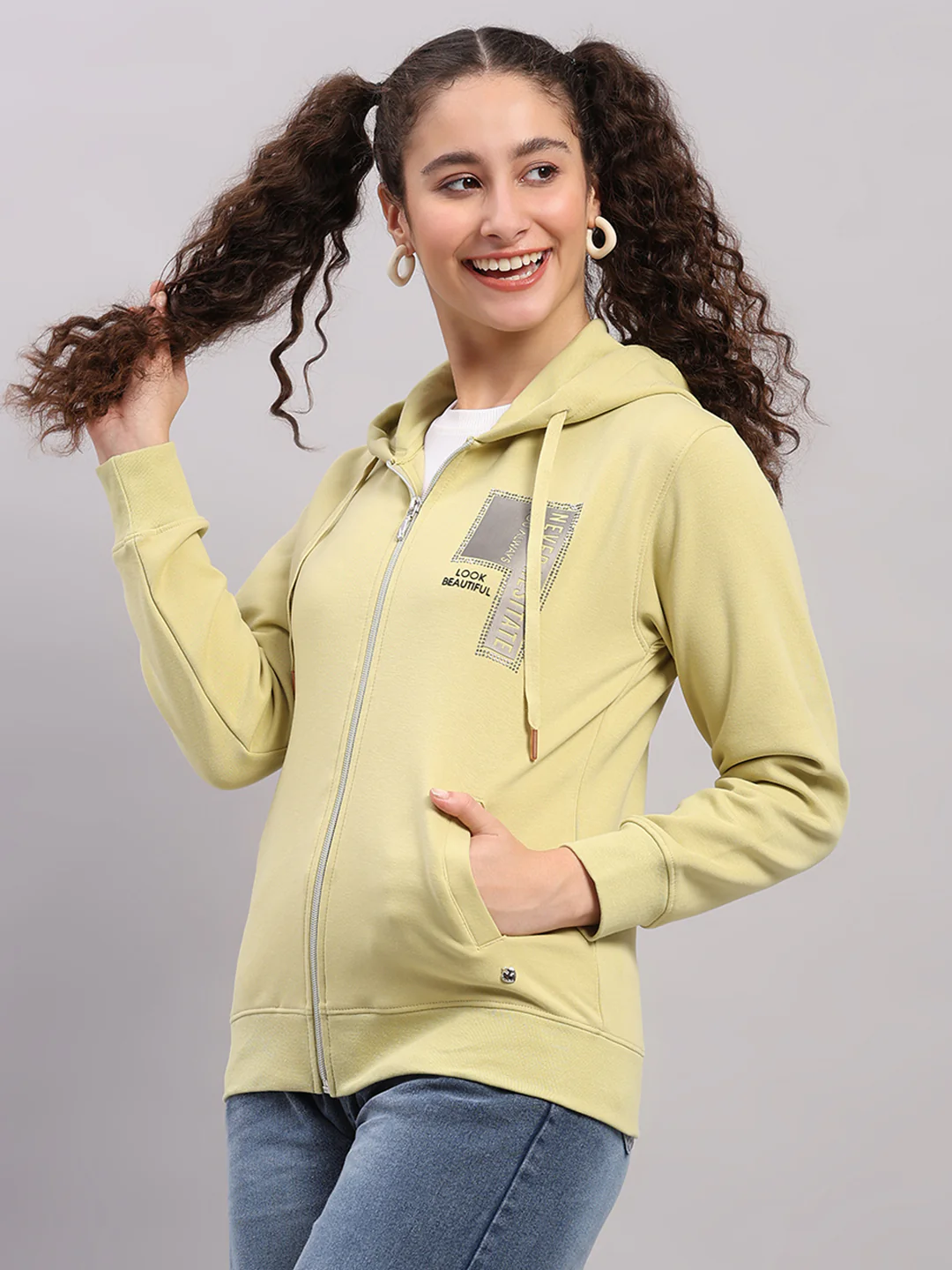 Women Green Printed Hooded Full Sleeve Sweatshirt - Image 3