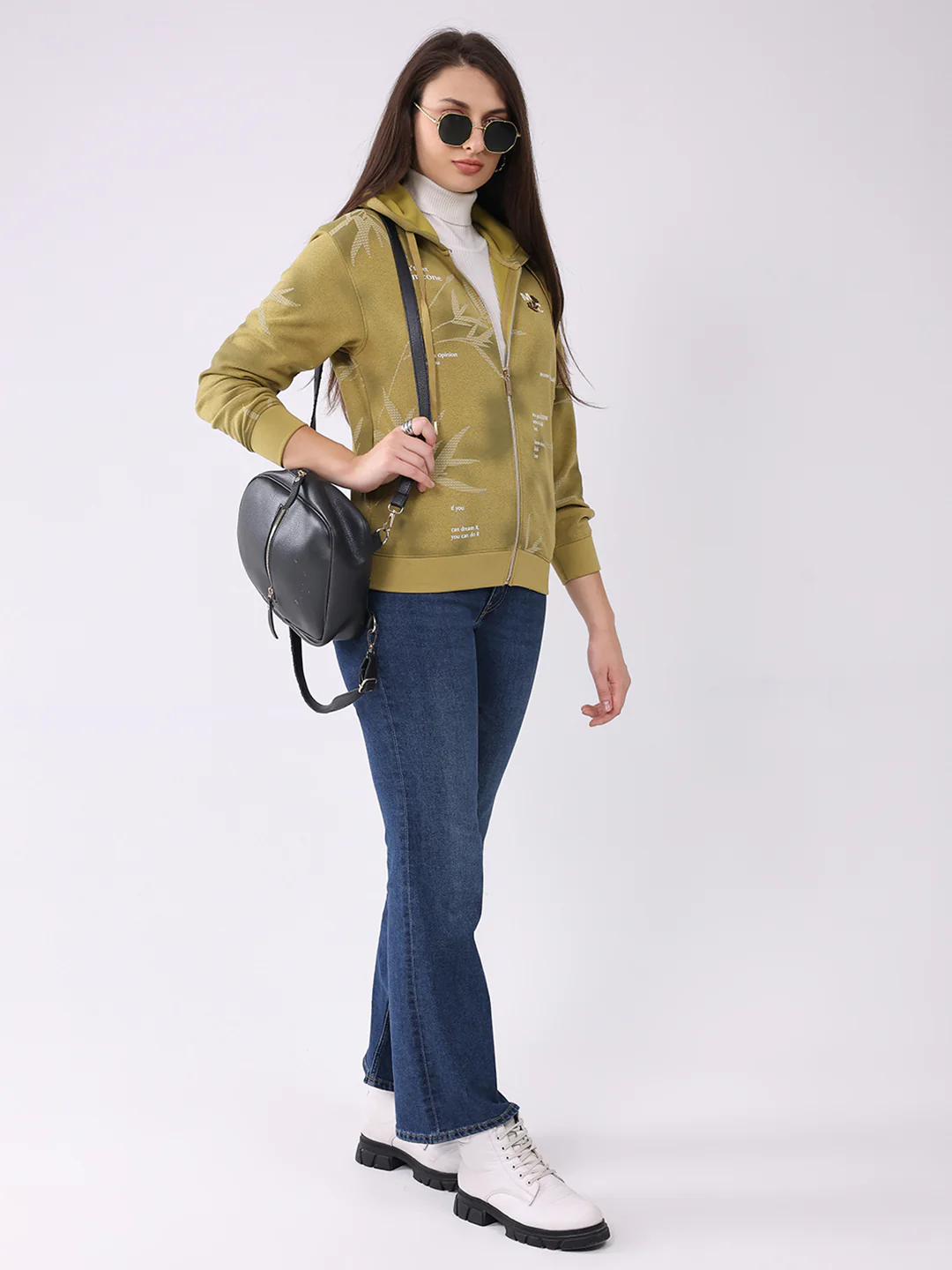 Women Green Printed Hooded Full Sleeve Sweatshirt - Image 2
