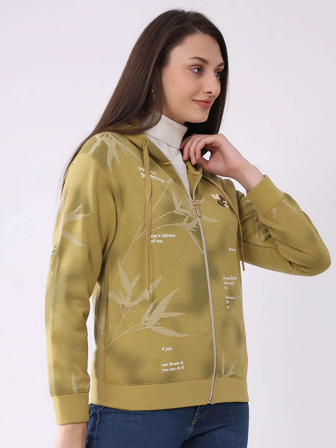 Women Green Printed Hooded Full Sleeve Sweatshirt - Image 4