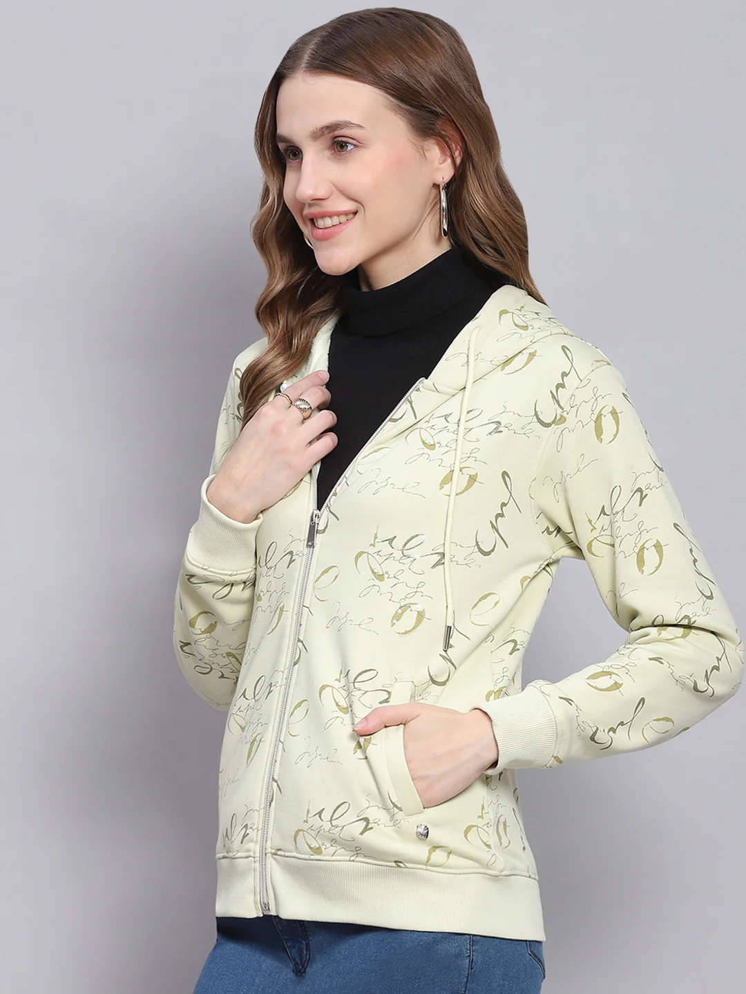 Women Green Printed Hooded Full Sleeve Sweatshirts - Image 3
