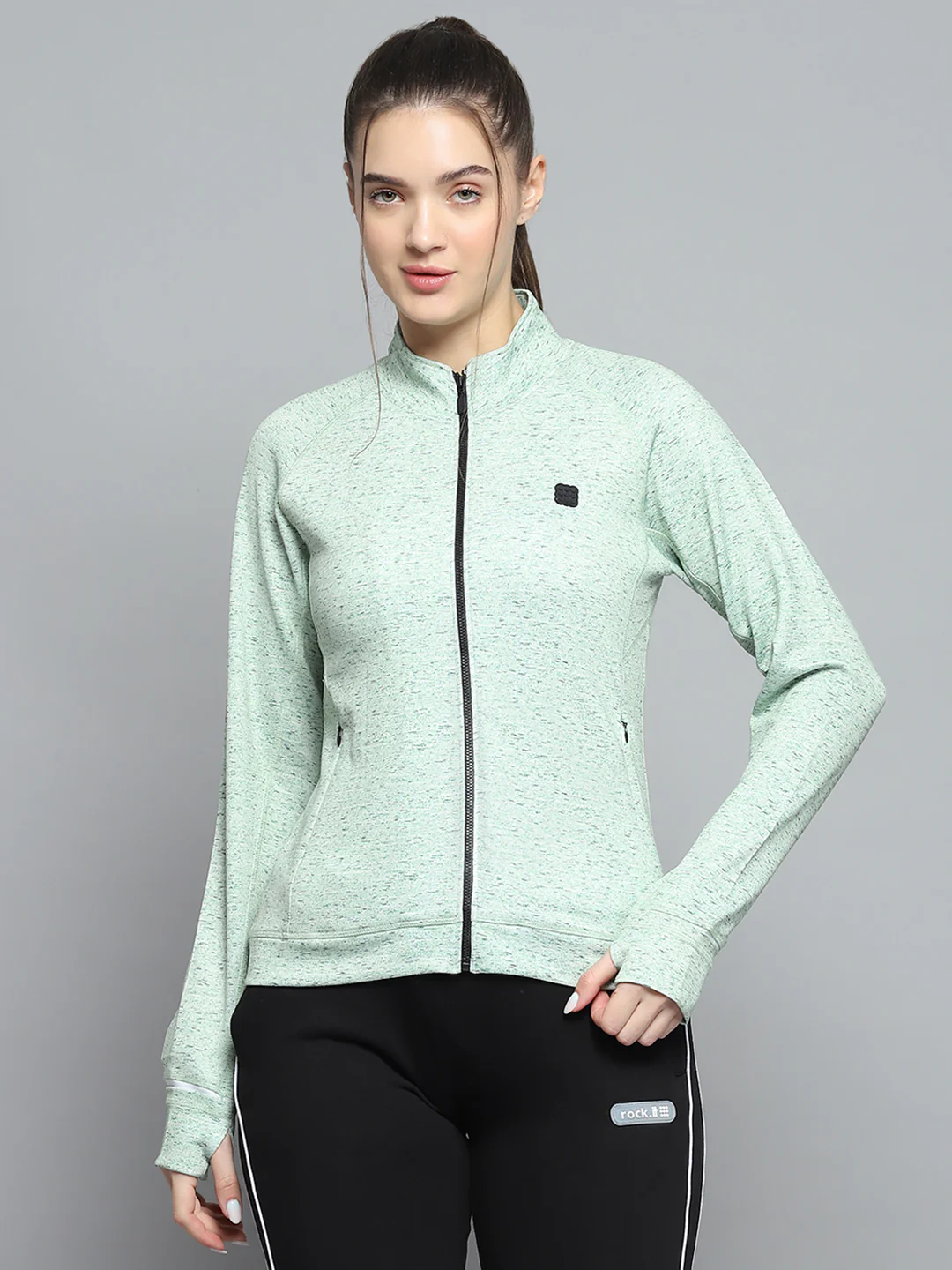 Rock.it Women Green Printed Mock Neck Full Sleeve Sweatshirt