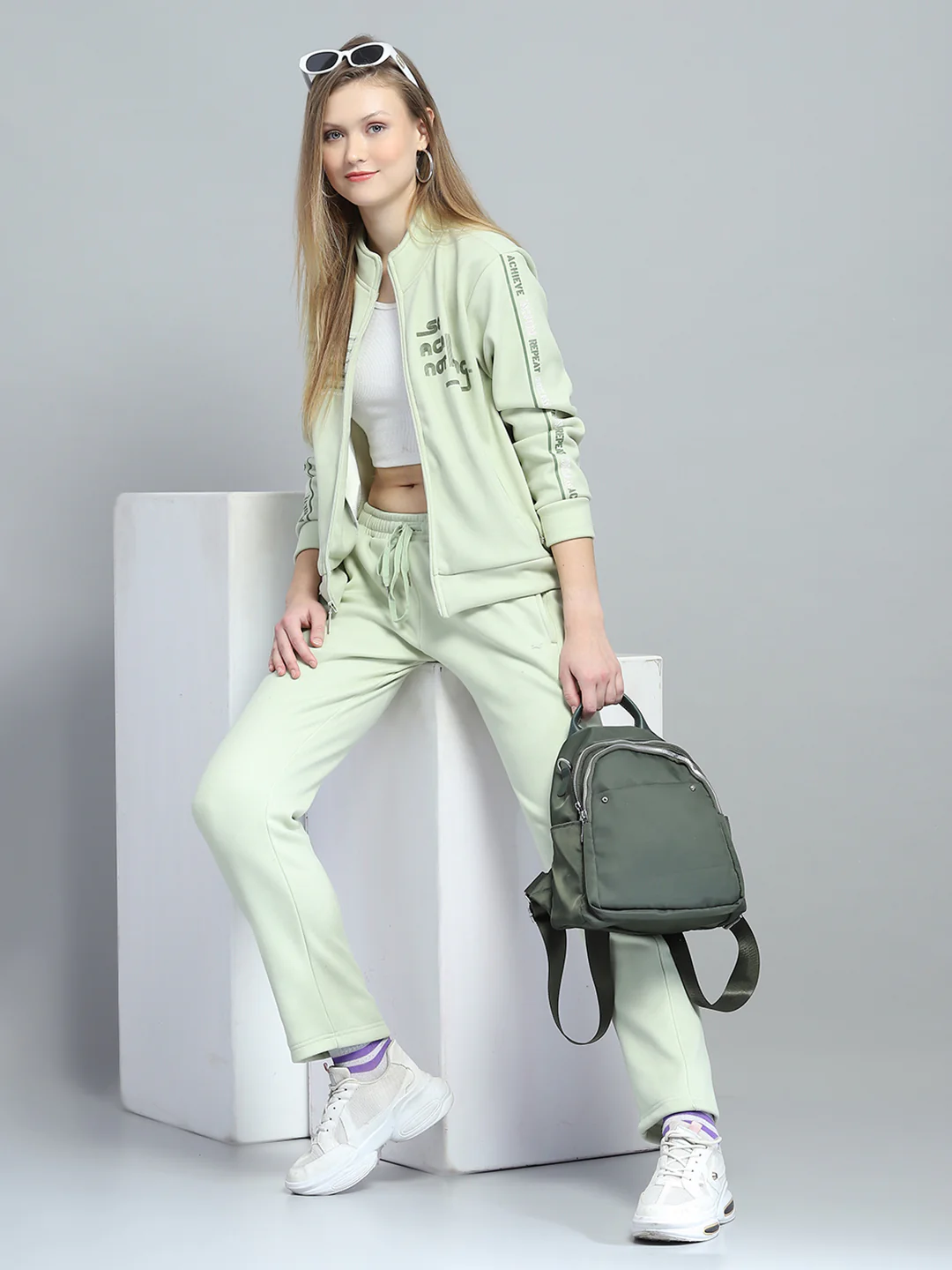 Women Green Printed Mock Neck Full Sleeve Tracksuit - Image 2