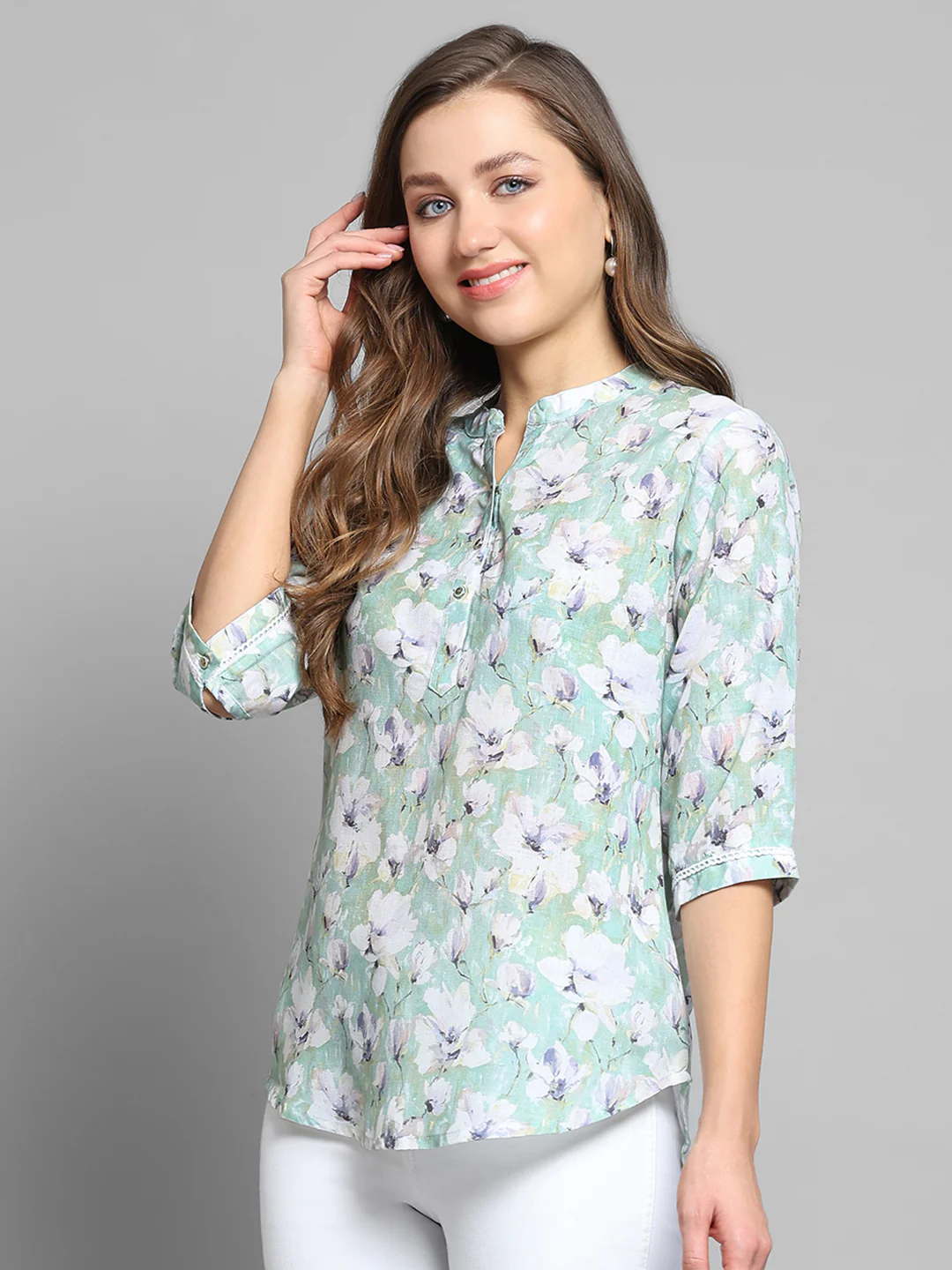 Women Green Printed Round Neck 3/4th Sleeve Top - Image 3