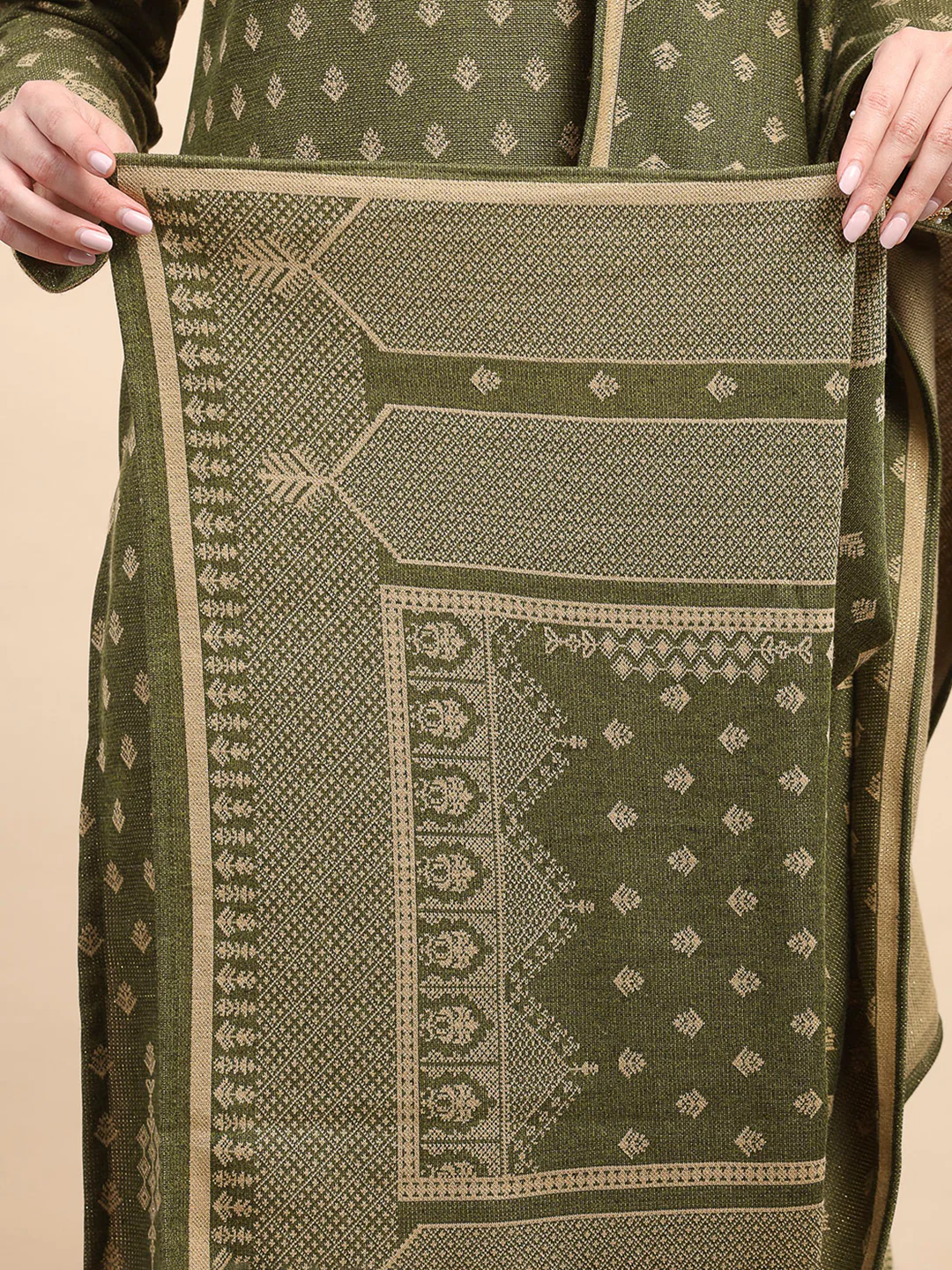 Women Green Printed Round Neck Full Sleeve 3 Pc Kurti Set for Winter - Image 10