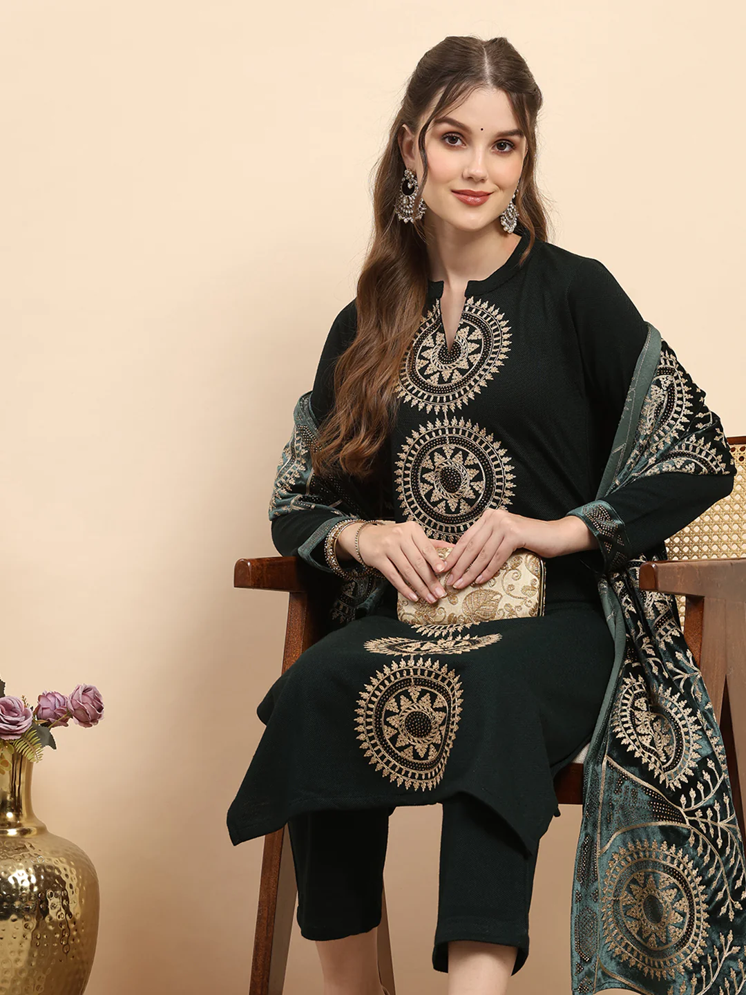 Women Green Printed Round Neck Full Sleeve 3 Pc Kurti Set for Winter - Image 6