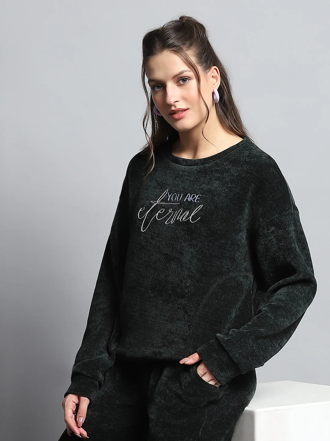 Women Green Printed Round Neck Full Sleeve Cords Set - Image 6