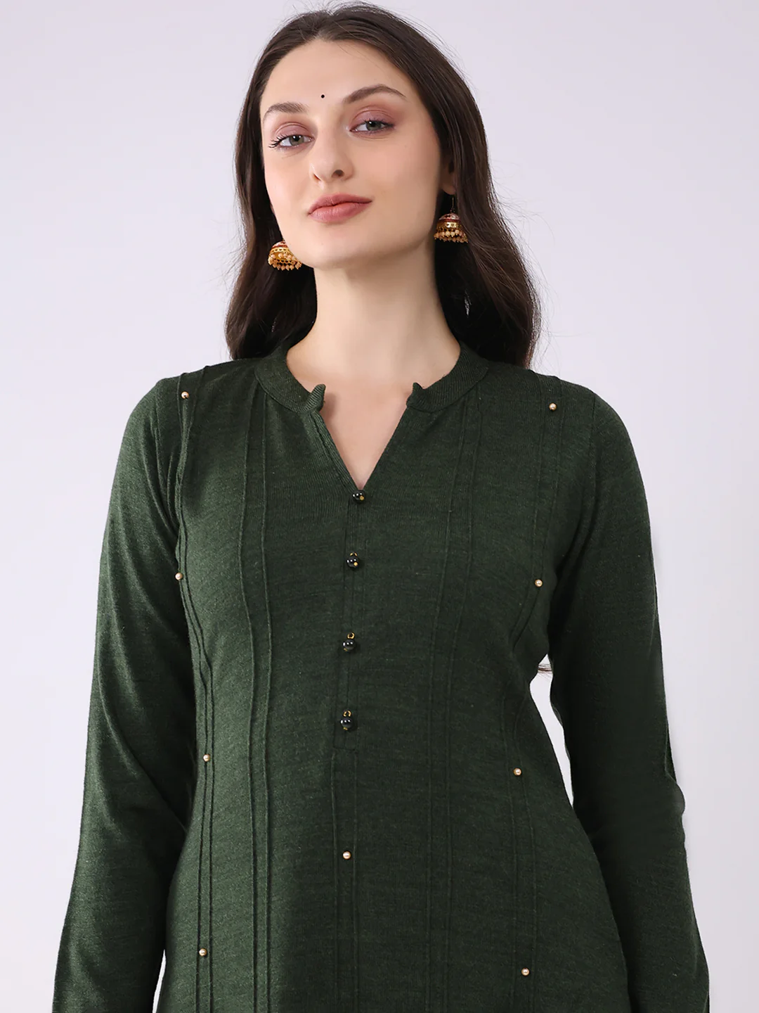 Women Green Printed Round Neck Full Sleeve Kurti Set for Winter - Image 6