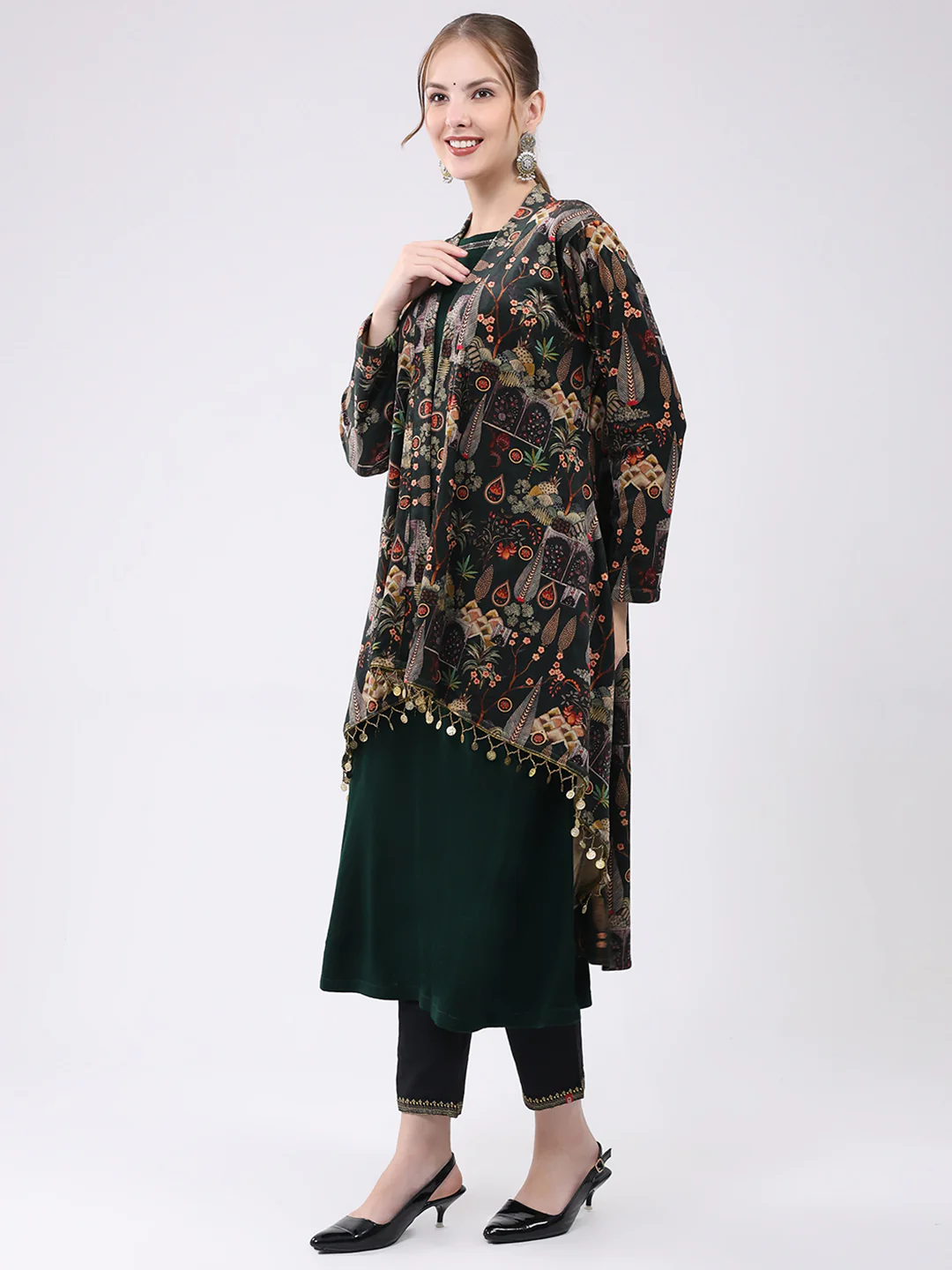 Women Green Printed Round Neck Sleeveless Kurti with Shrug (2 Pc set) - Image 3