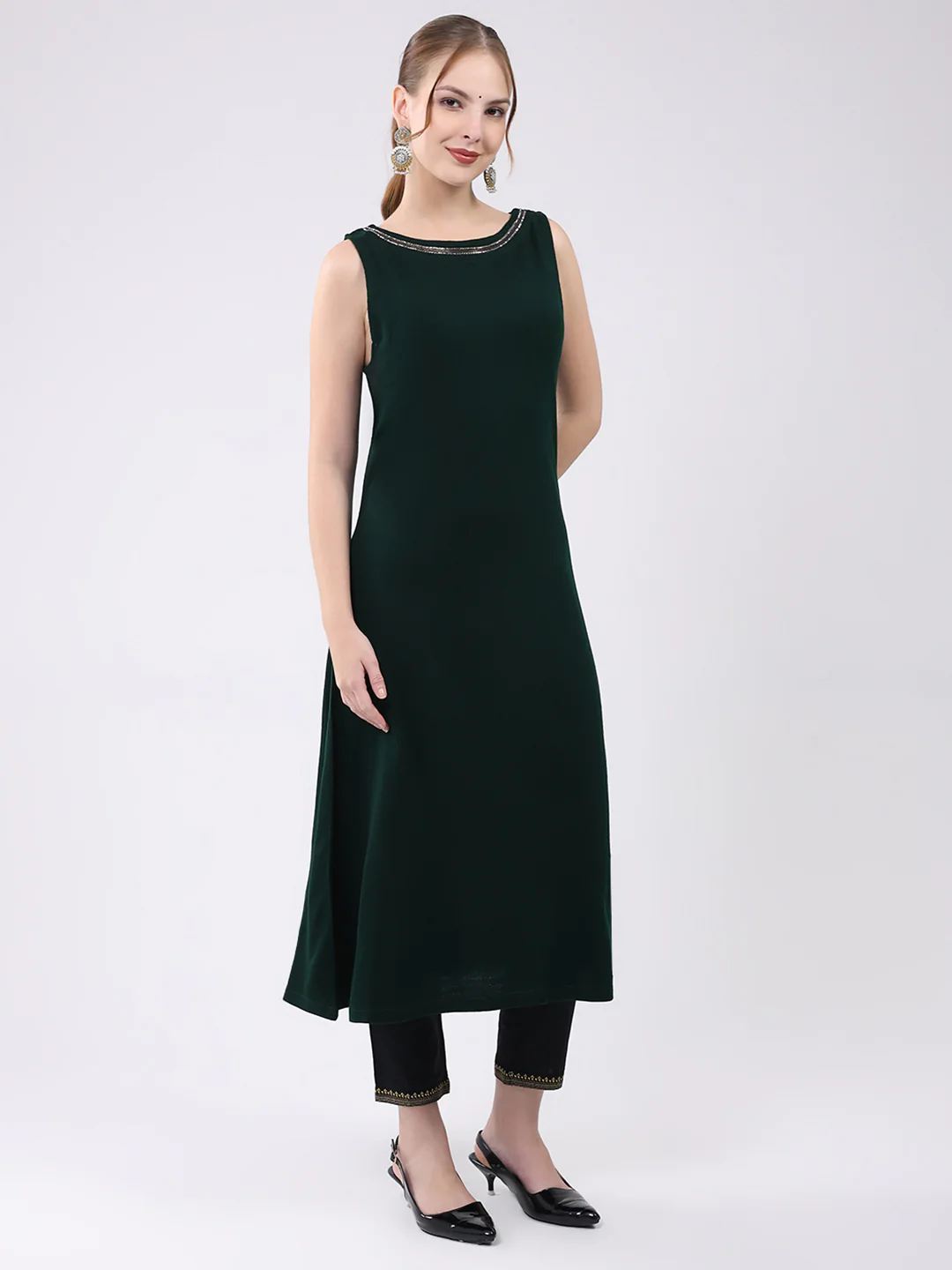 Women Green Printed Round Neck Sleeveless Kurti with Shrug (2 Pc set) - Image 6