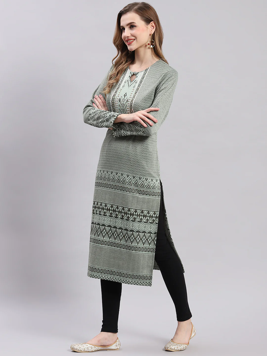 Women Green Printed Round Neck Full Sleeve Kurtis - Image 4