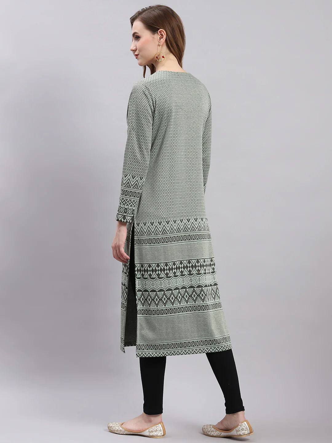 Women Green Printed Round Neck Full Sleeve Kurtis - Image 6