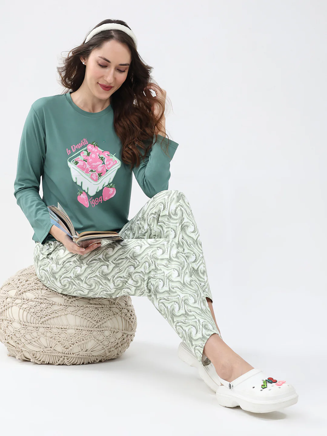 Women Green Printed Round Neck Full Sleeve Lower Set - Image 2