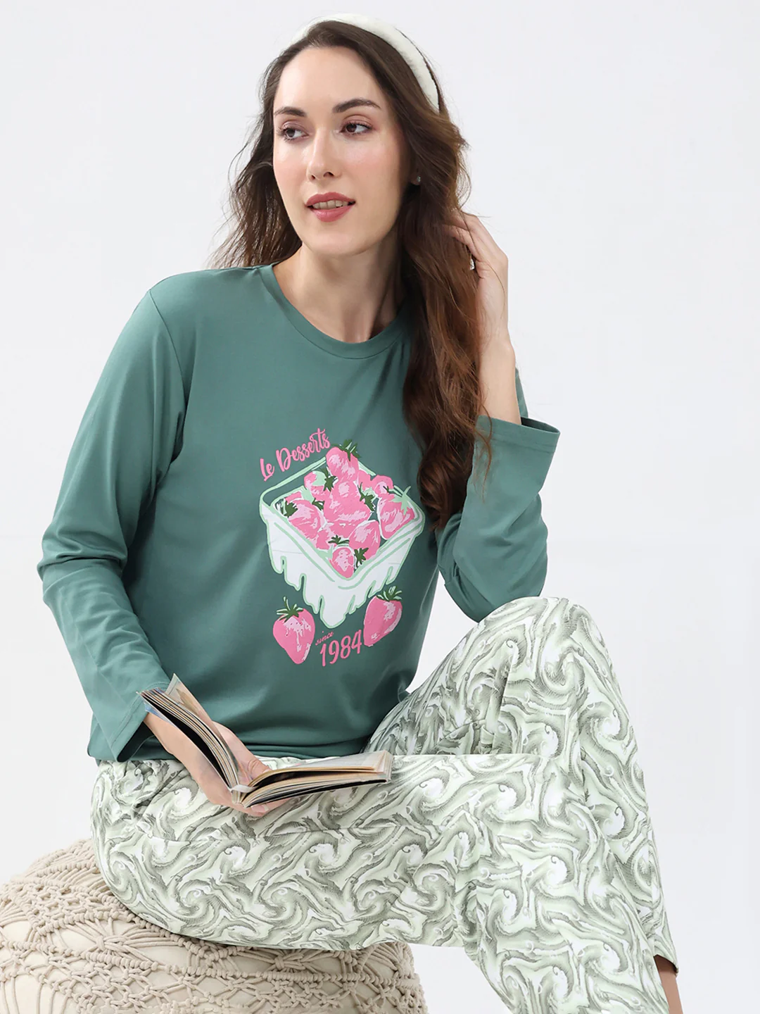 Women Green Printed Round Neck Full Sleeve Lower Set - Image 6