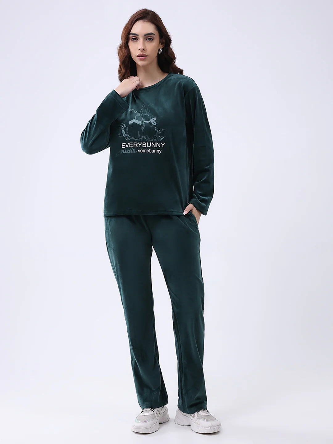 Women Green Printed Round Neck Full Sleeve Lower Set