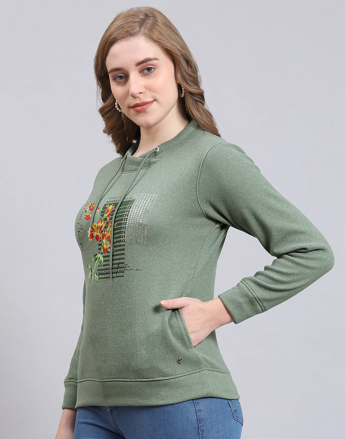 Women Green Printed Round Neck Full Sleeve Sweatshirt - Image 3