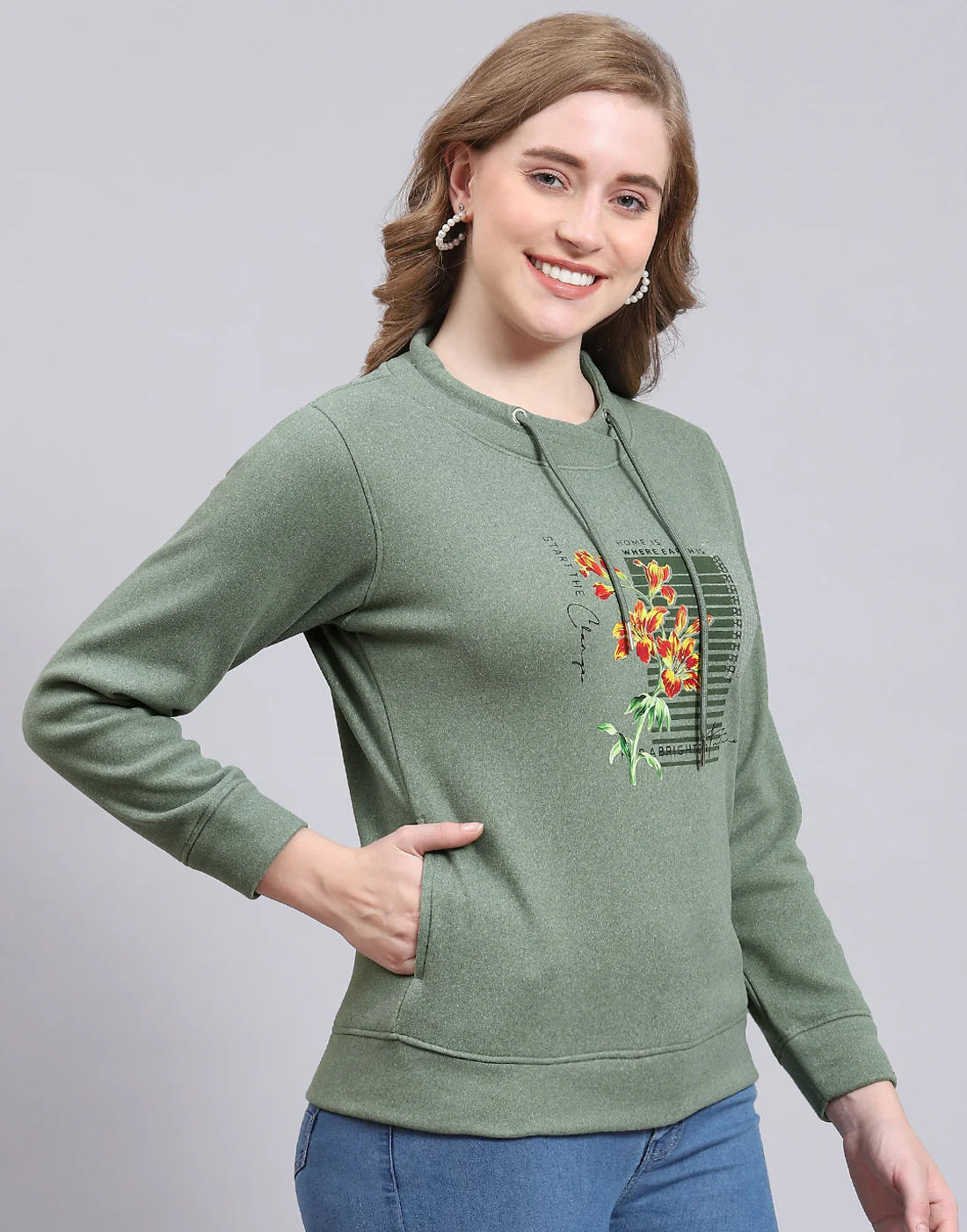 Women Green Printed Round Neck Full Sleeve Sweatshirt - Image 4