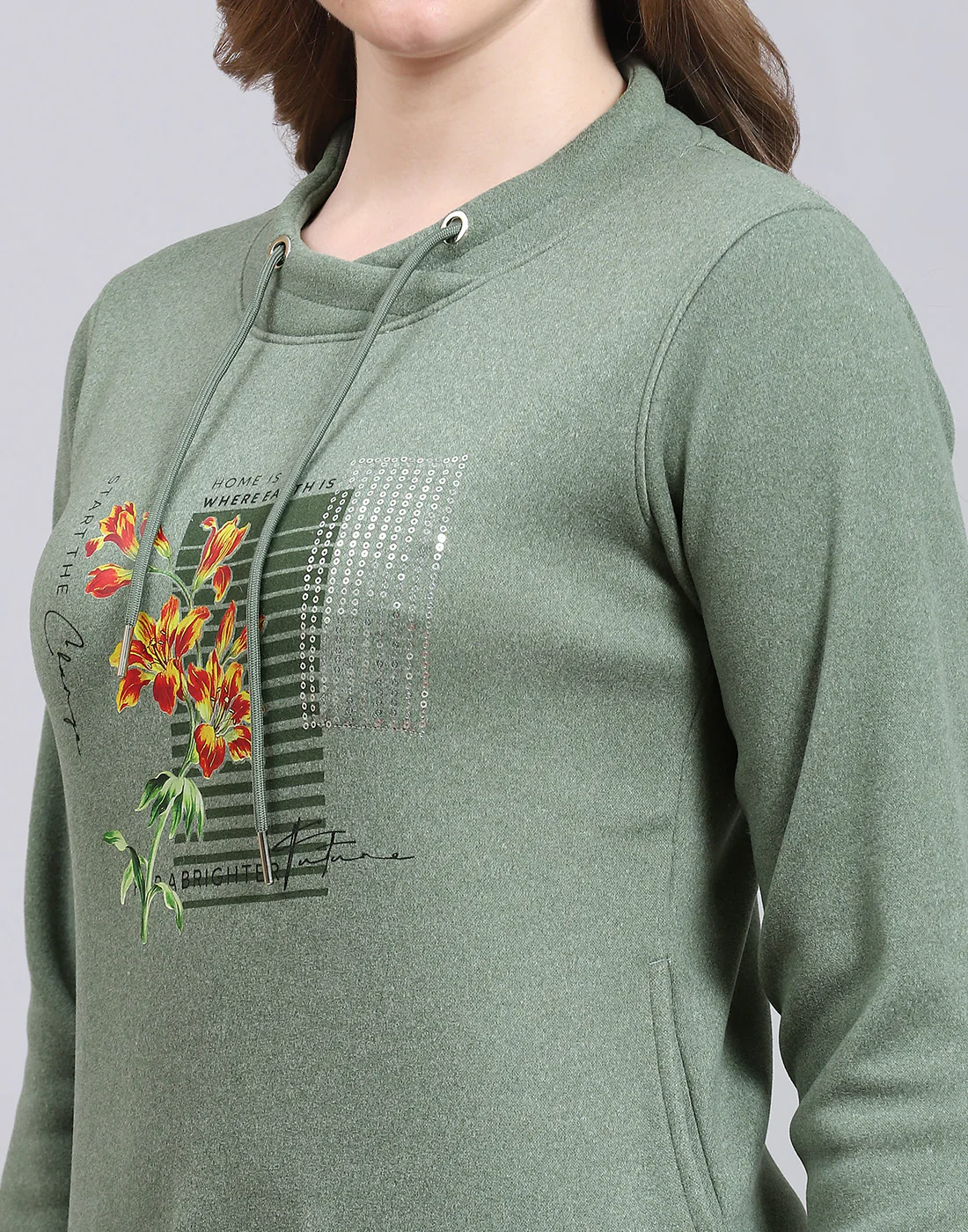 Women Green Printed Round Neck Full Sleeve Sweatshirt - Image 6