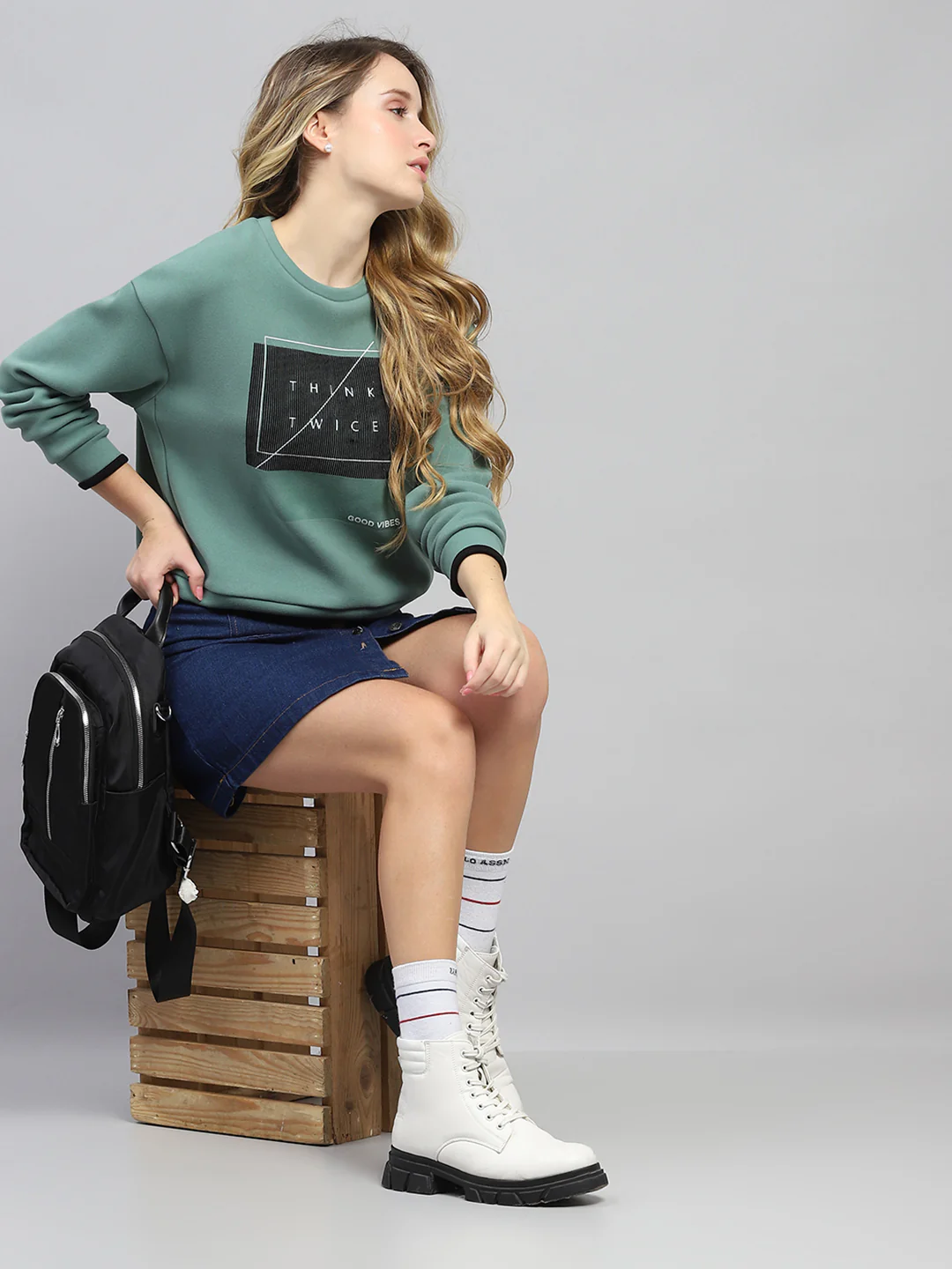 Women Green Printed Round Neck Full Sleeve Sweatshirt - Image 2