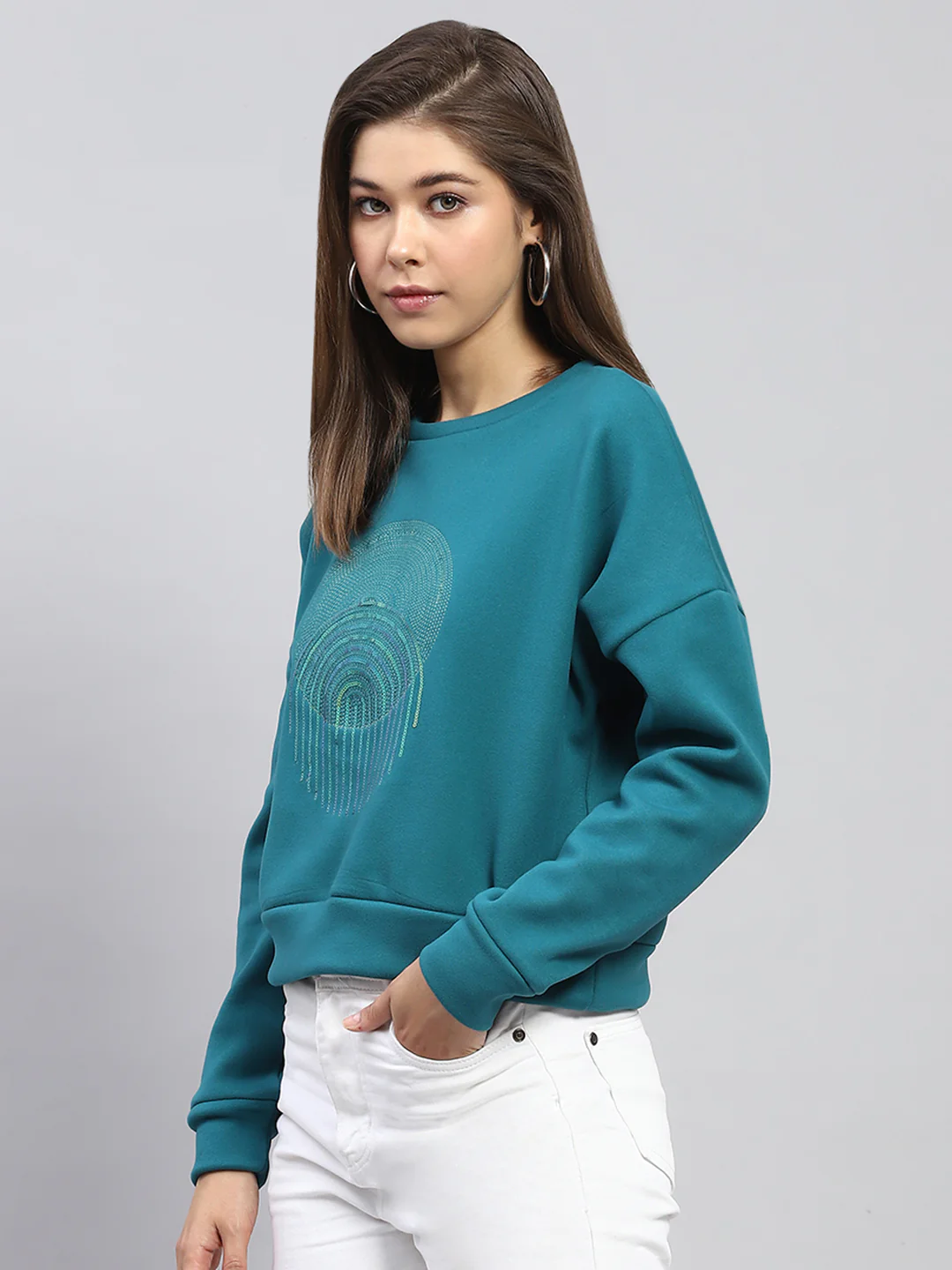 Women Green Printed Round Neck Full Sleeve Sweatshirt - Image 3
