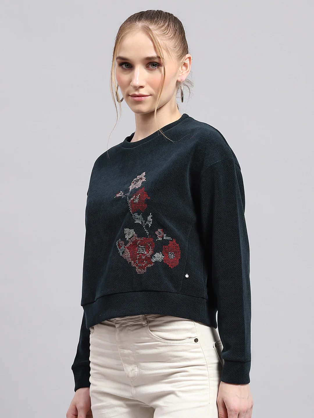 Women Green Printed Round Neck Full Sleeve Sweatshirt - Image 3