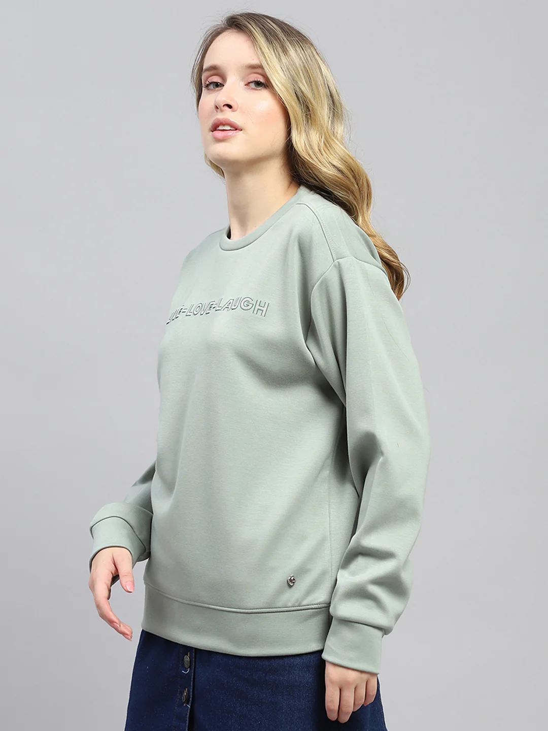 Women Green Printed Round Neck Full Sleeve Sweatshirt - Image 3