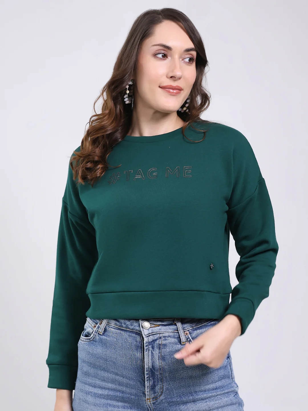 Women Green Printed Round Neck Full Sleeve Sweatshirt