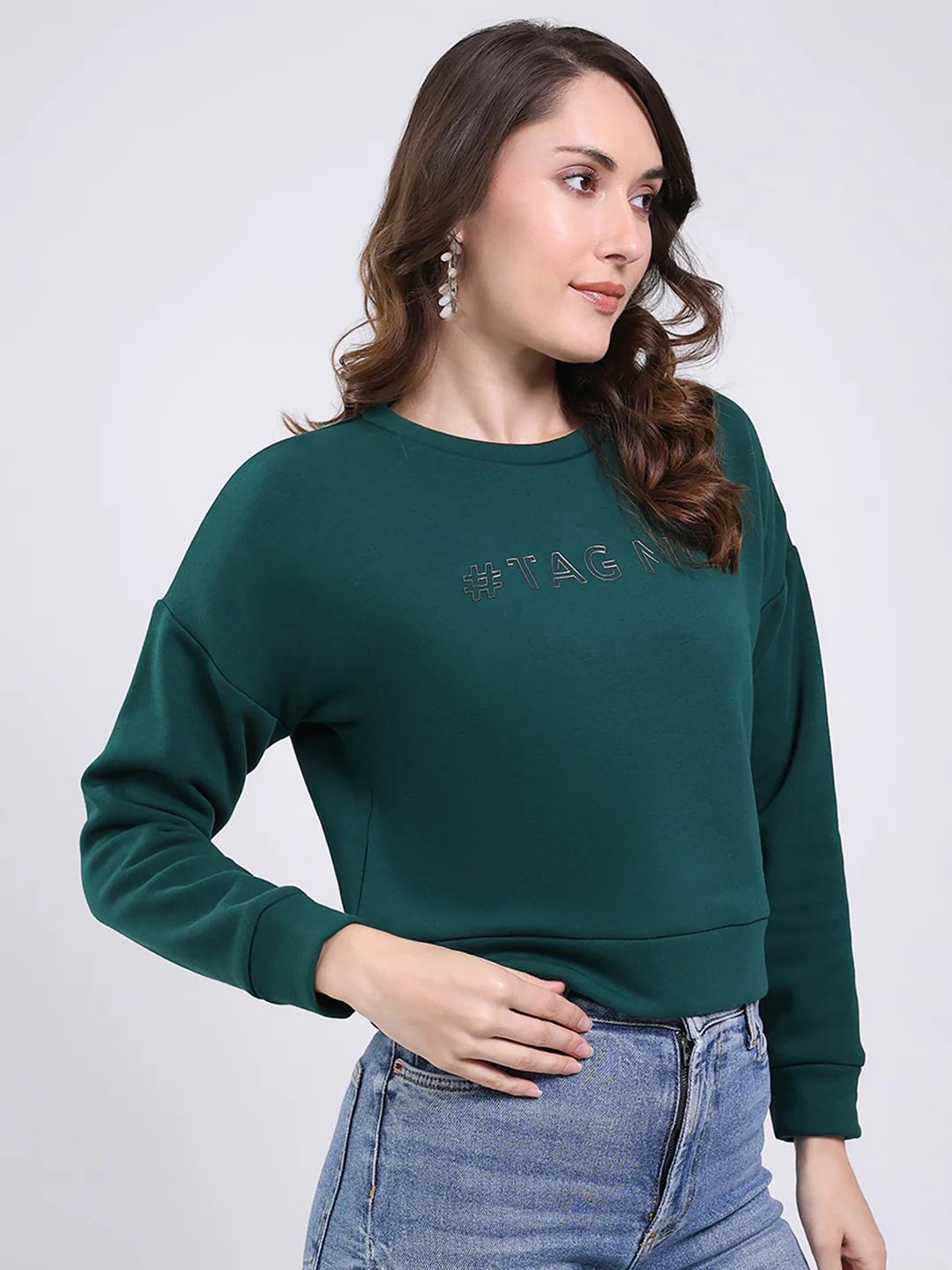 Women Green Printed Round Neck Full Sleeve Sweatshirt - Image 4