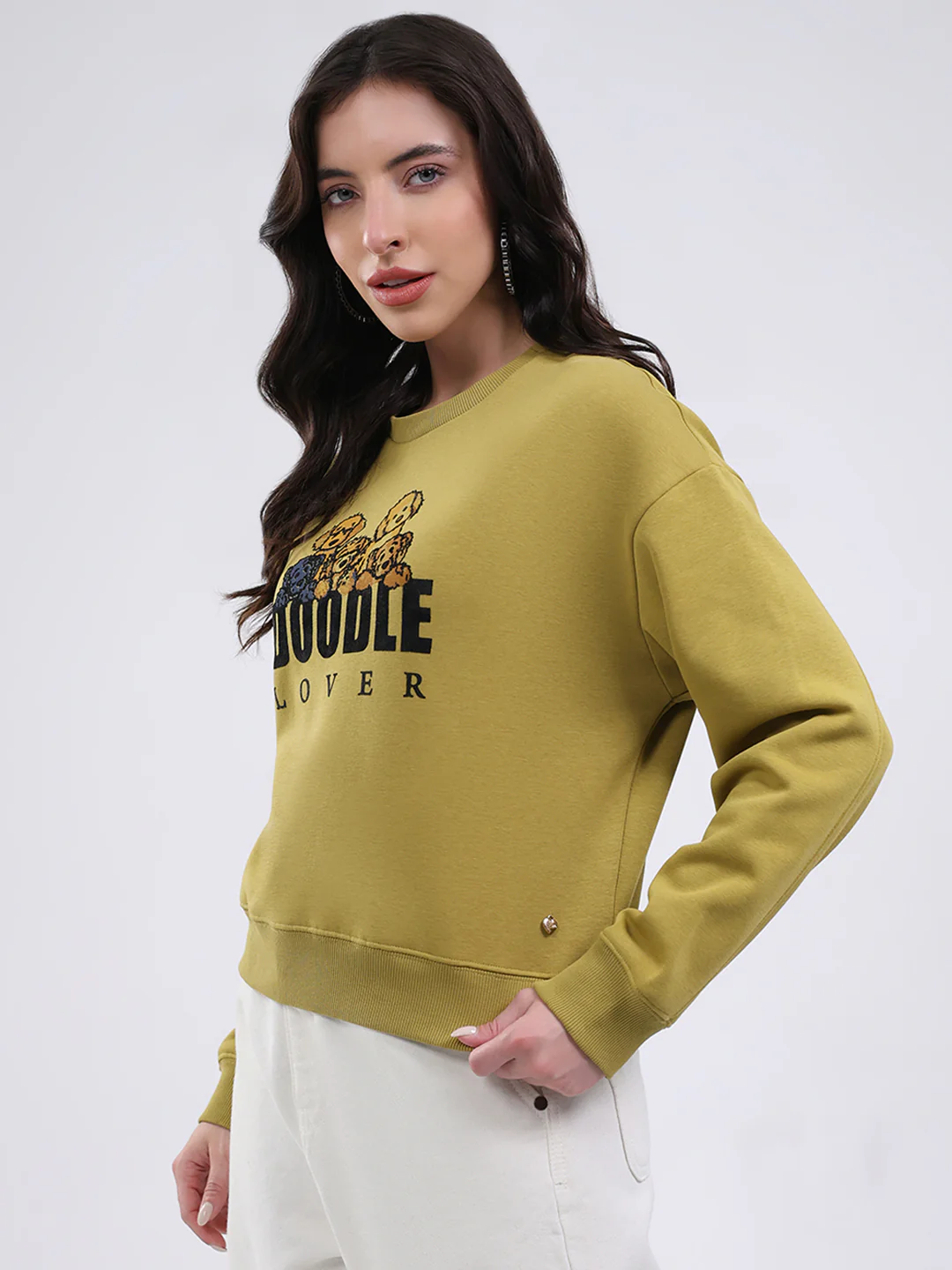 Women Green Printed Round Neck Full Sleeve Sweatshirt - Image 3