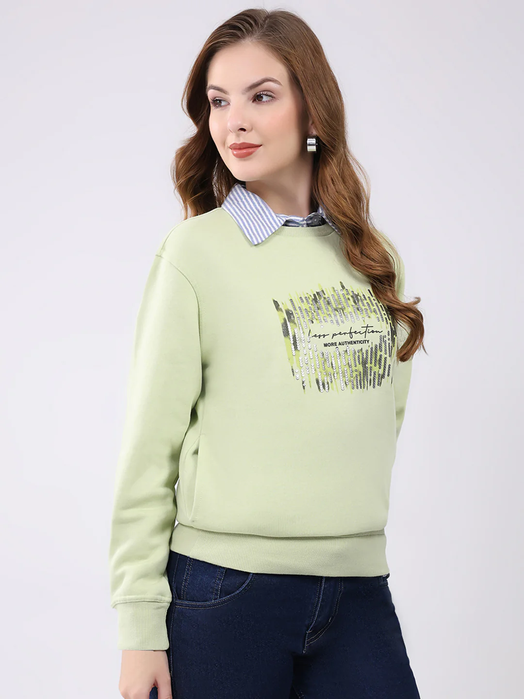 Women Green Printed Round Neck Full Sleeve Sweatshirt - Image 4