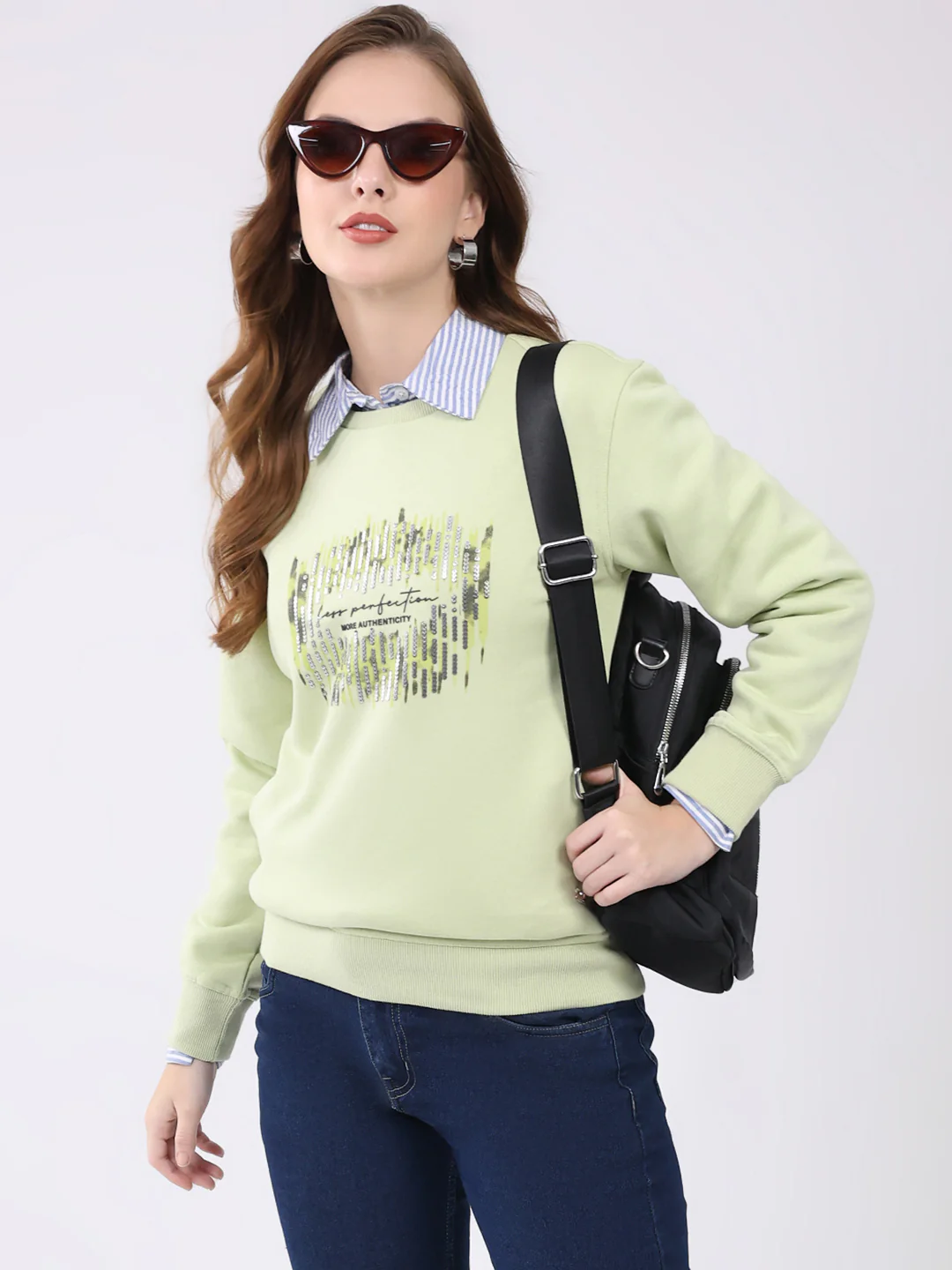 Women Green Printed Round Neck Full Sleeve Sweatshirt - Image 6