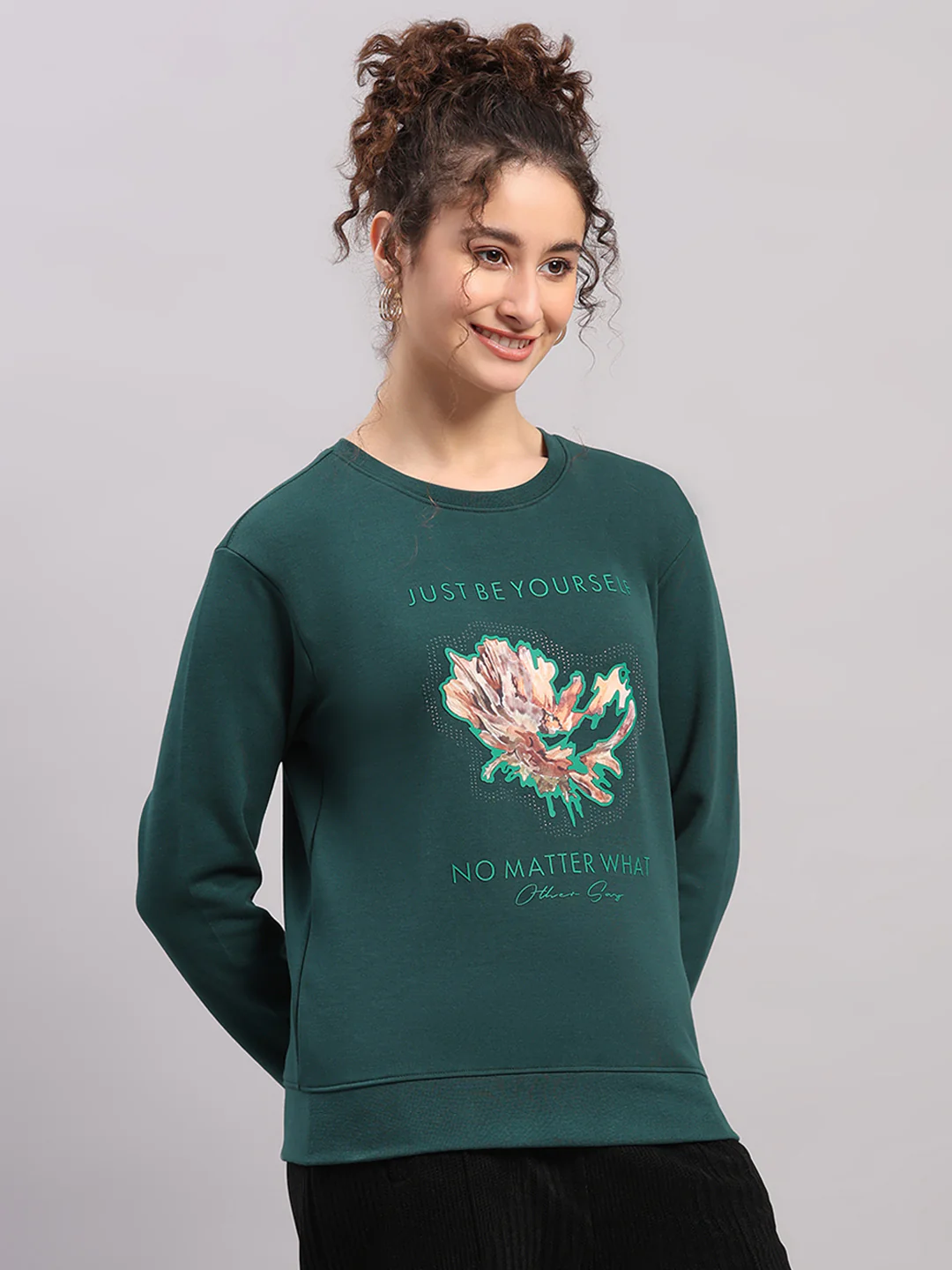 Women Green Printed Round Neck Full Sleeve Sweatshirt - Image 4