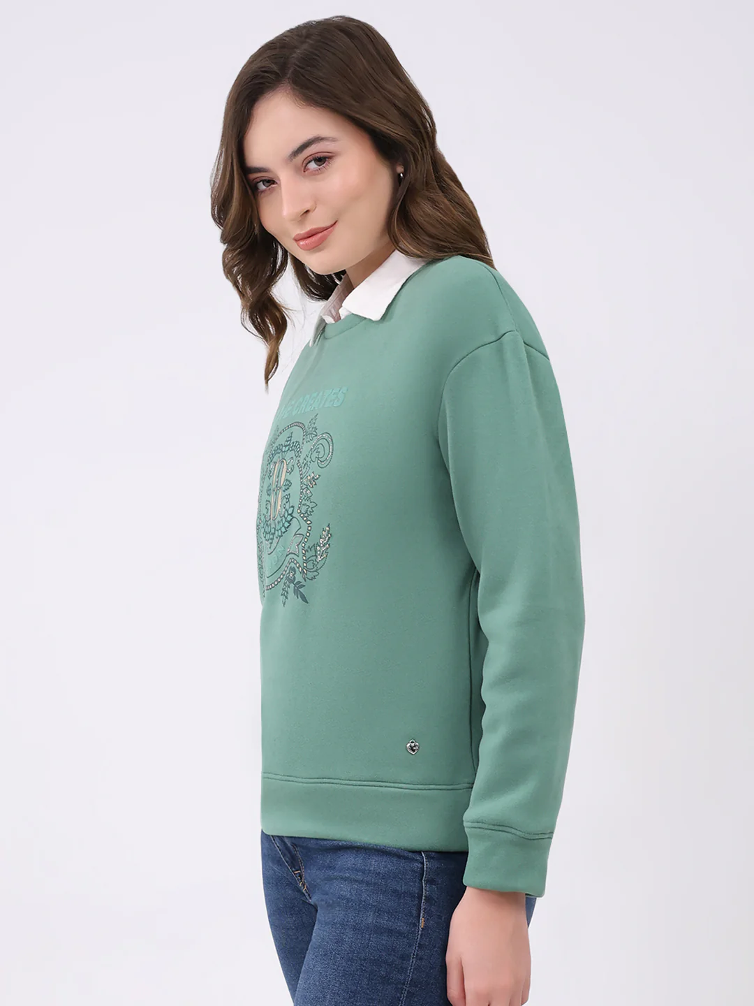 Women Green Printed Round Neck Full Sleeve Sweatshirt - Image 3