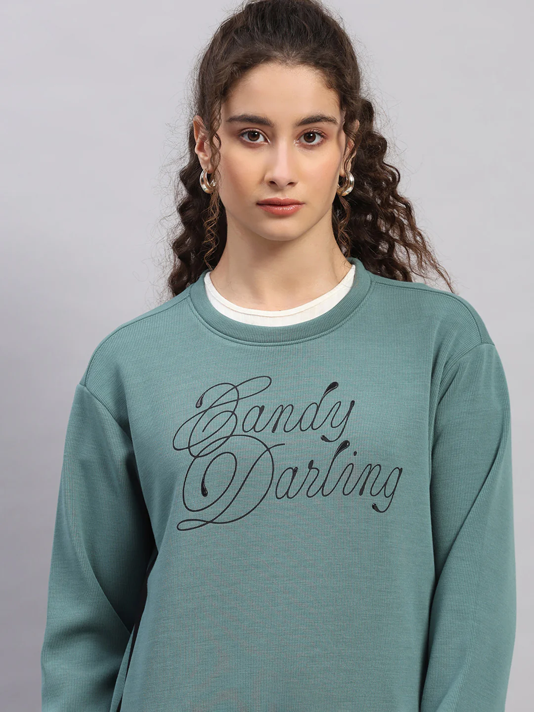 Women Green Printed Round Neck Full Sleeve Sweatshirt - Image 6