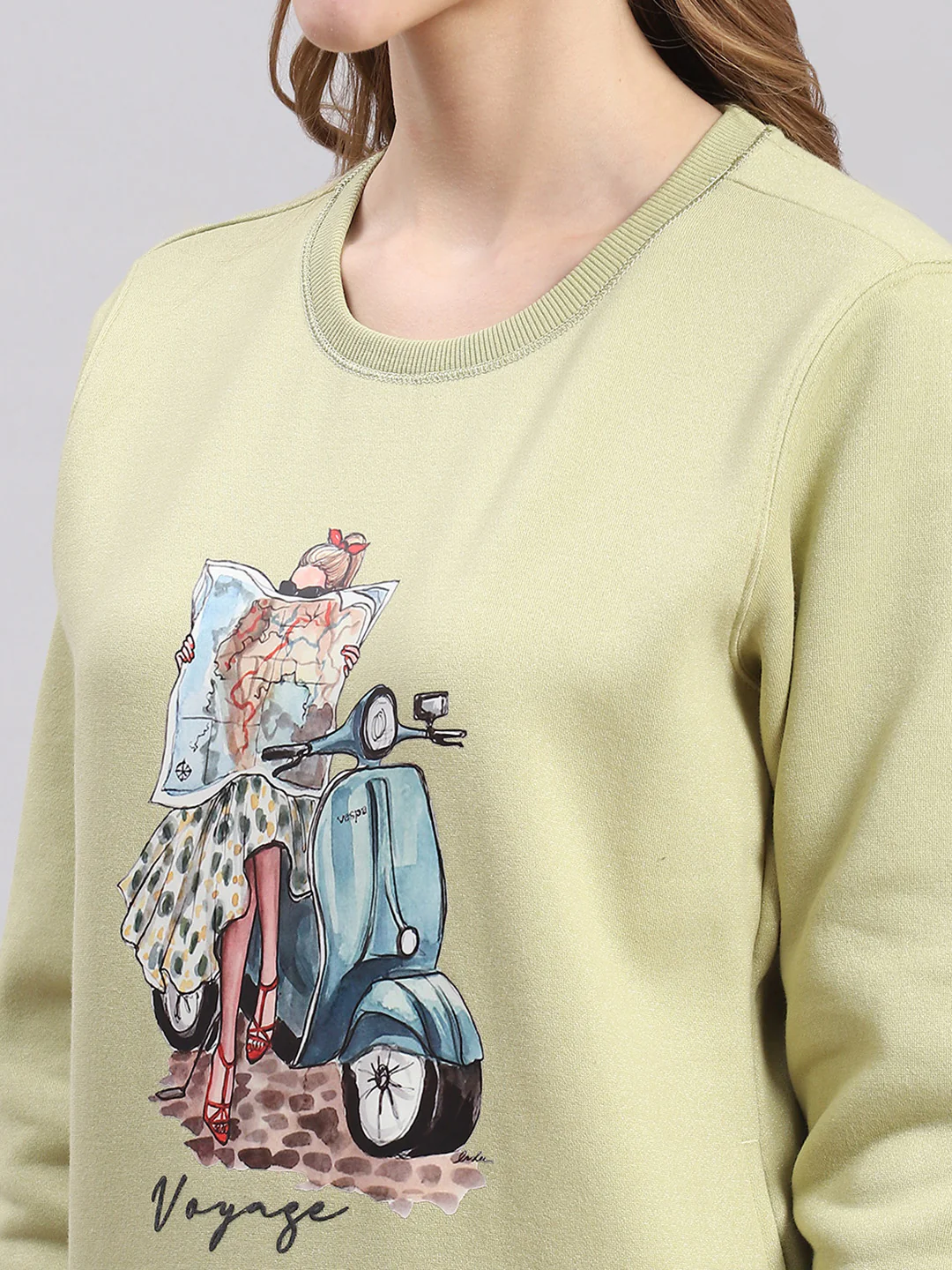Women Green Printed Round Neck Full Sleeve Sweatshirts - Image 6
