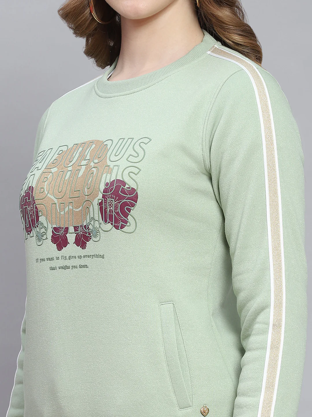 Women Green Printed Round Neck Full Sleeve Sweatshirts - Image 6
