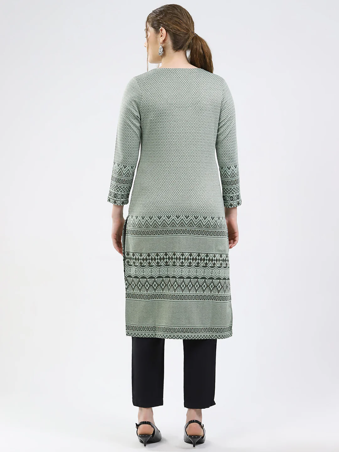 Women Green Printed Round Neck Full Sleeve Winter Kurti - Image 5