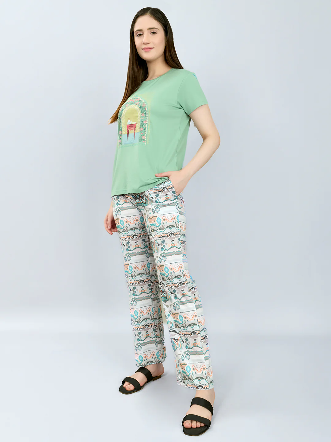 Women Green Printed Round Neck Half Sleeve Lower Set - Image 2