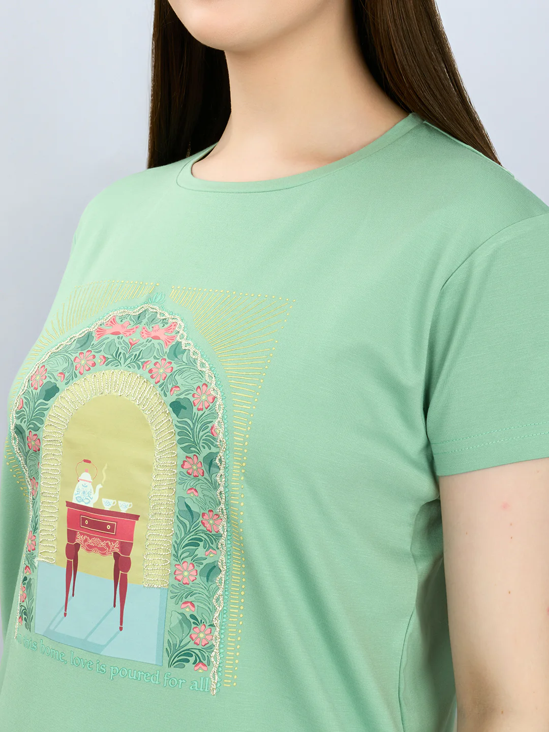 Women Green Printed Round Neck Half Sleeve Lower Set - Image 4