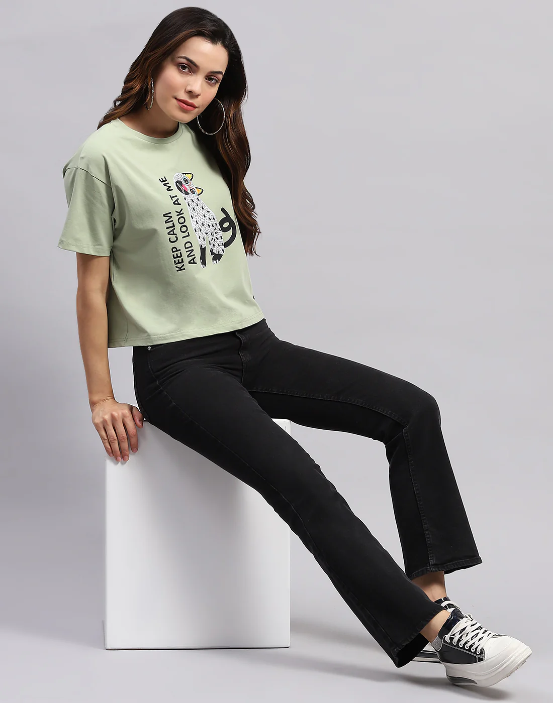 Women Green Printed Round Neck Half Sleeve Top - Image 2