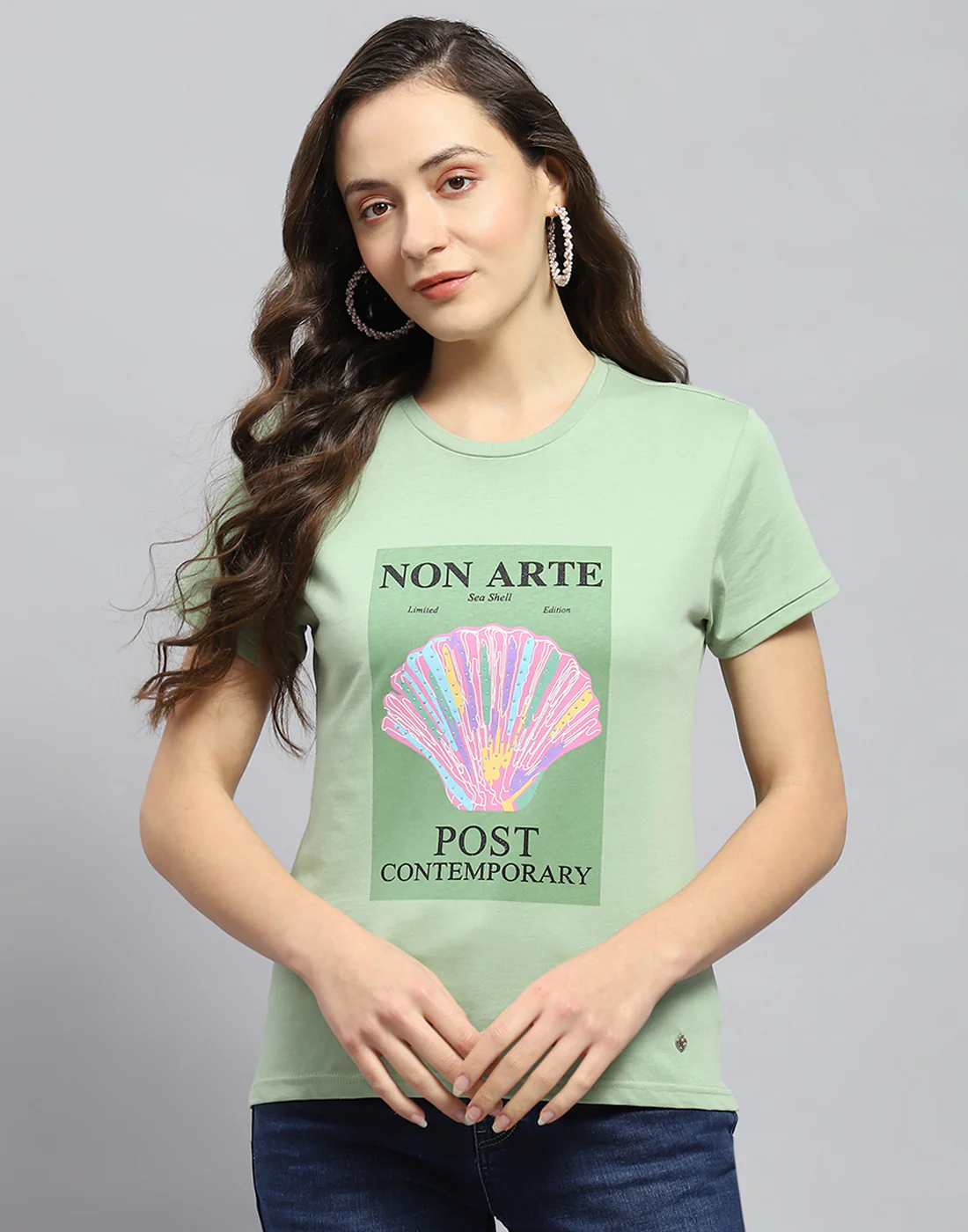 Women Green Printed Round Neck Half Sleeve Top - Image 3