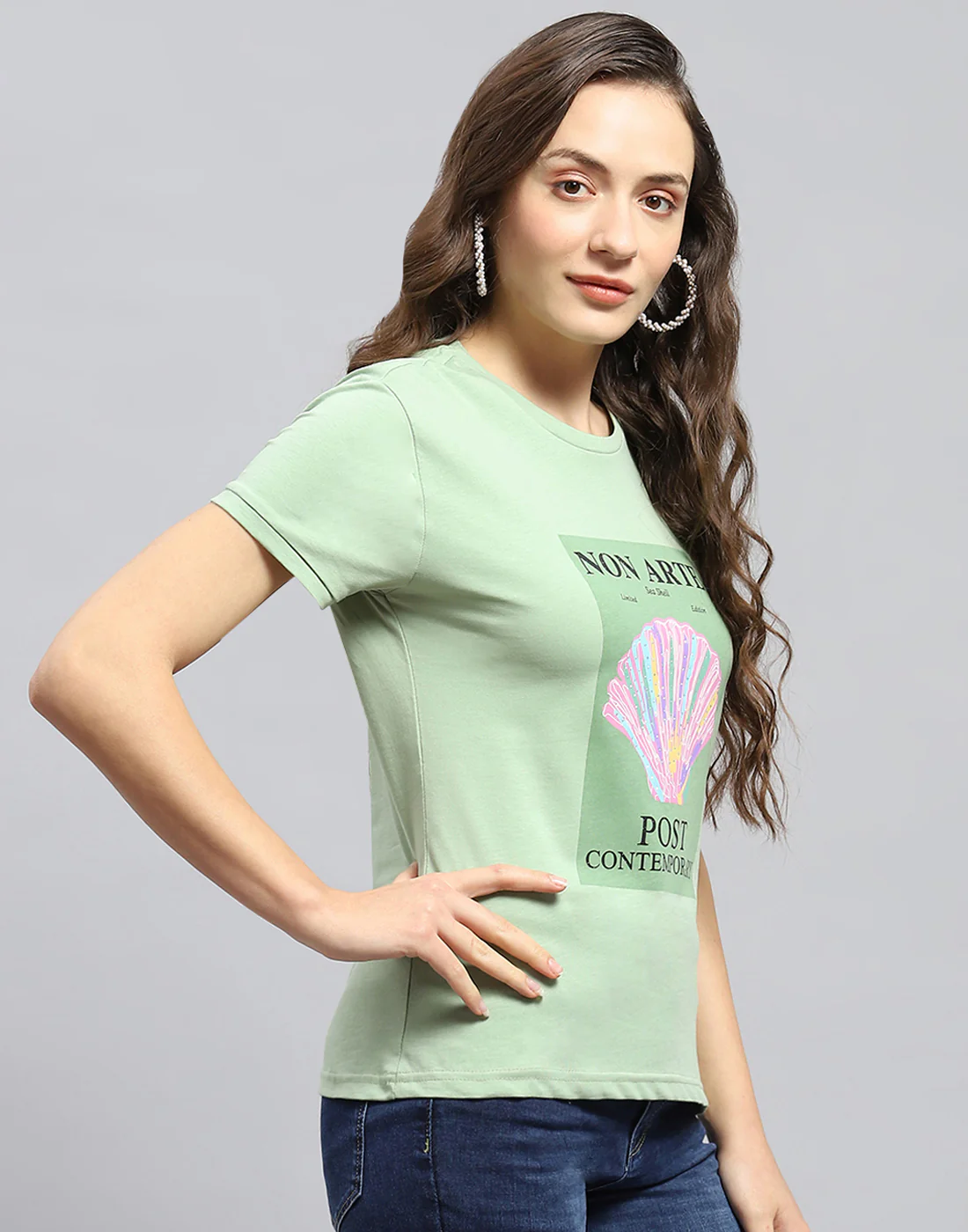 Women Green Printed Round Neck Half Sleeve Top - Image 4