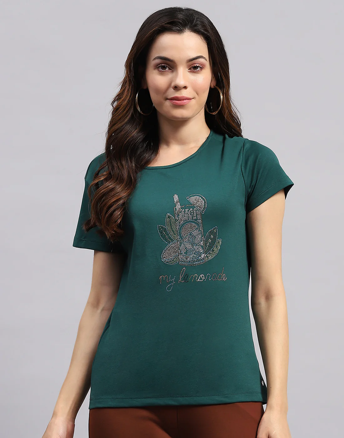 Women Green Printed Round Neck Half Sleeve Top - Image 3