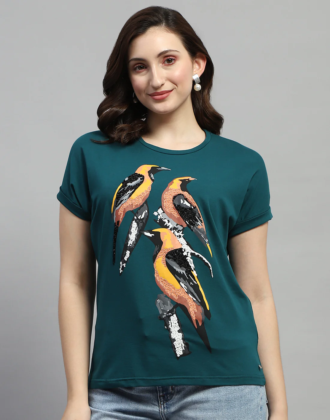 Women Green Printed Round Neck Half Sleeve Top
