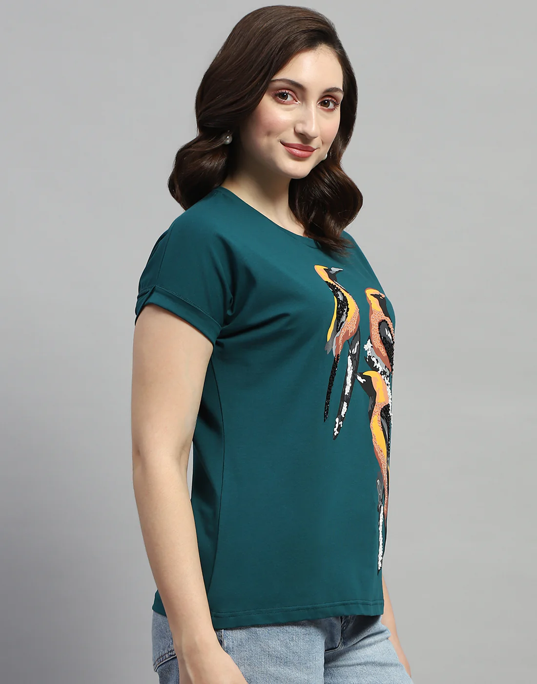 Women Green Printed Round Neck Half Sleeve Top - Image 4