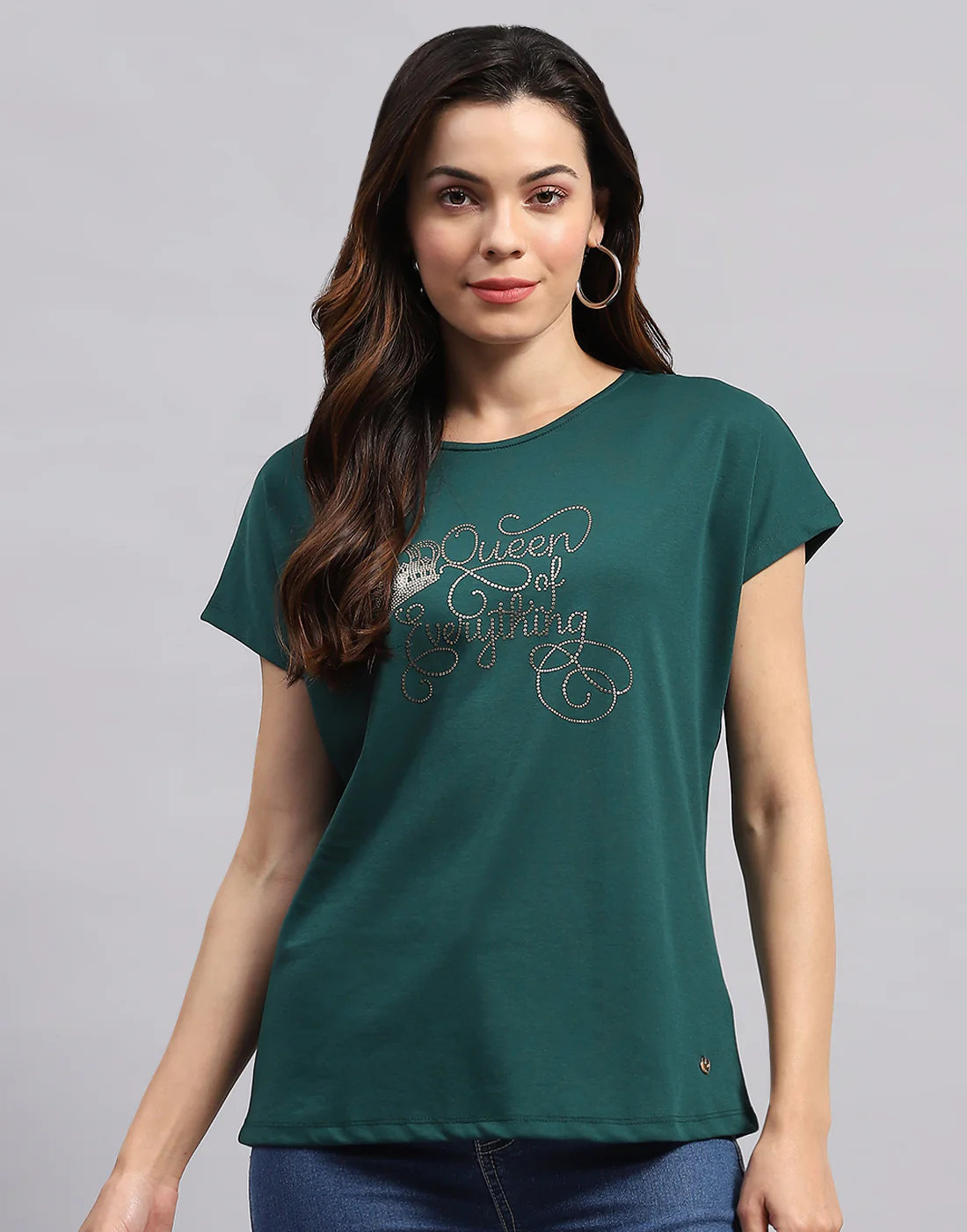 Women Green Printed Round Neck Half Sleeve Top - Image 2