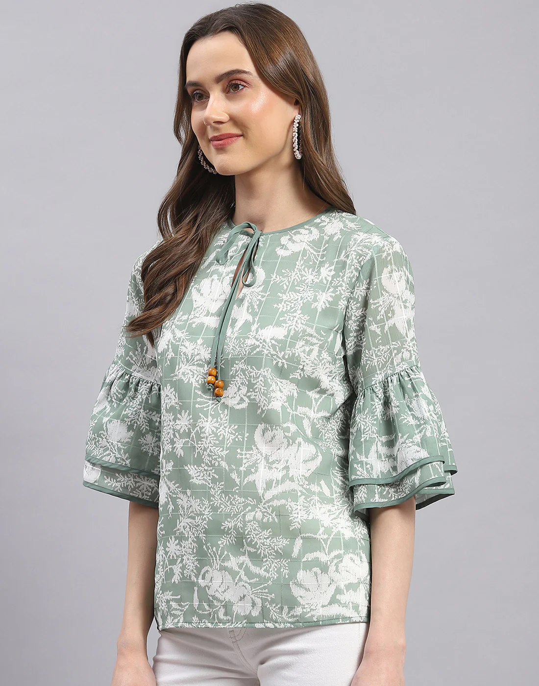 Women Green Printed Round Neck Half Sleeve Top - Image 3