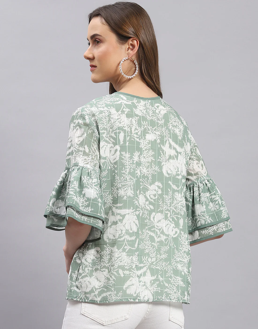 Women Green Printed Round Neck Half Sleeve Top - Image 5