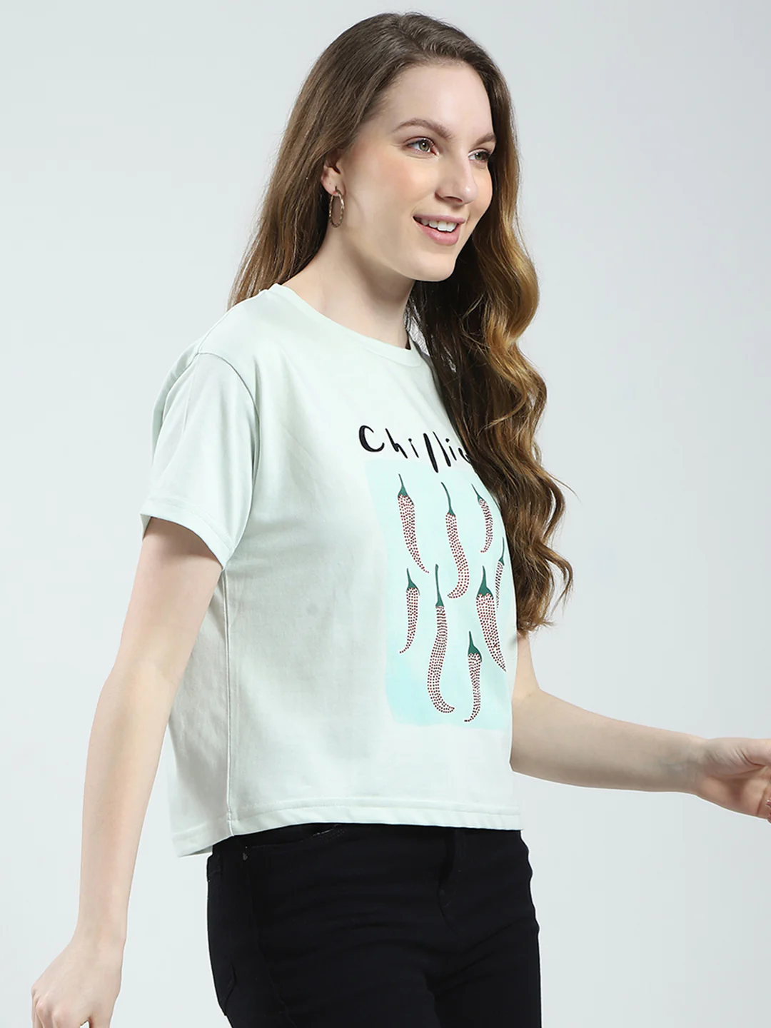 Women Green Printed Round Neck Half Sleeve Top - Image 4