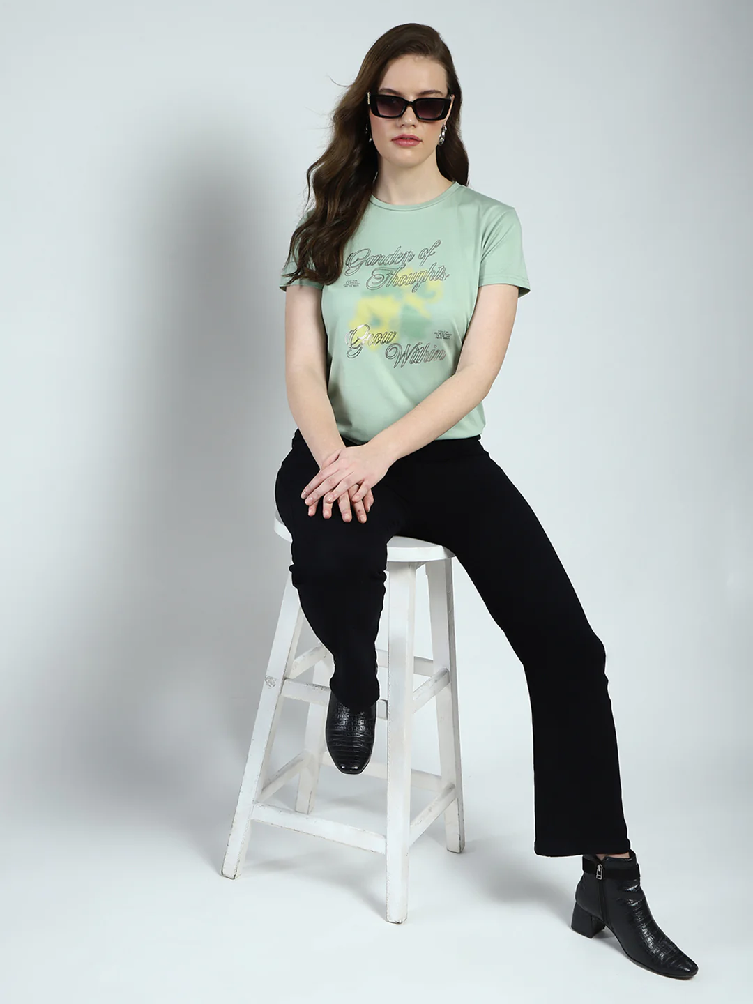 Women Green Printed Round Neck Half Sleeve Top - Image 2